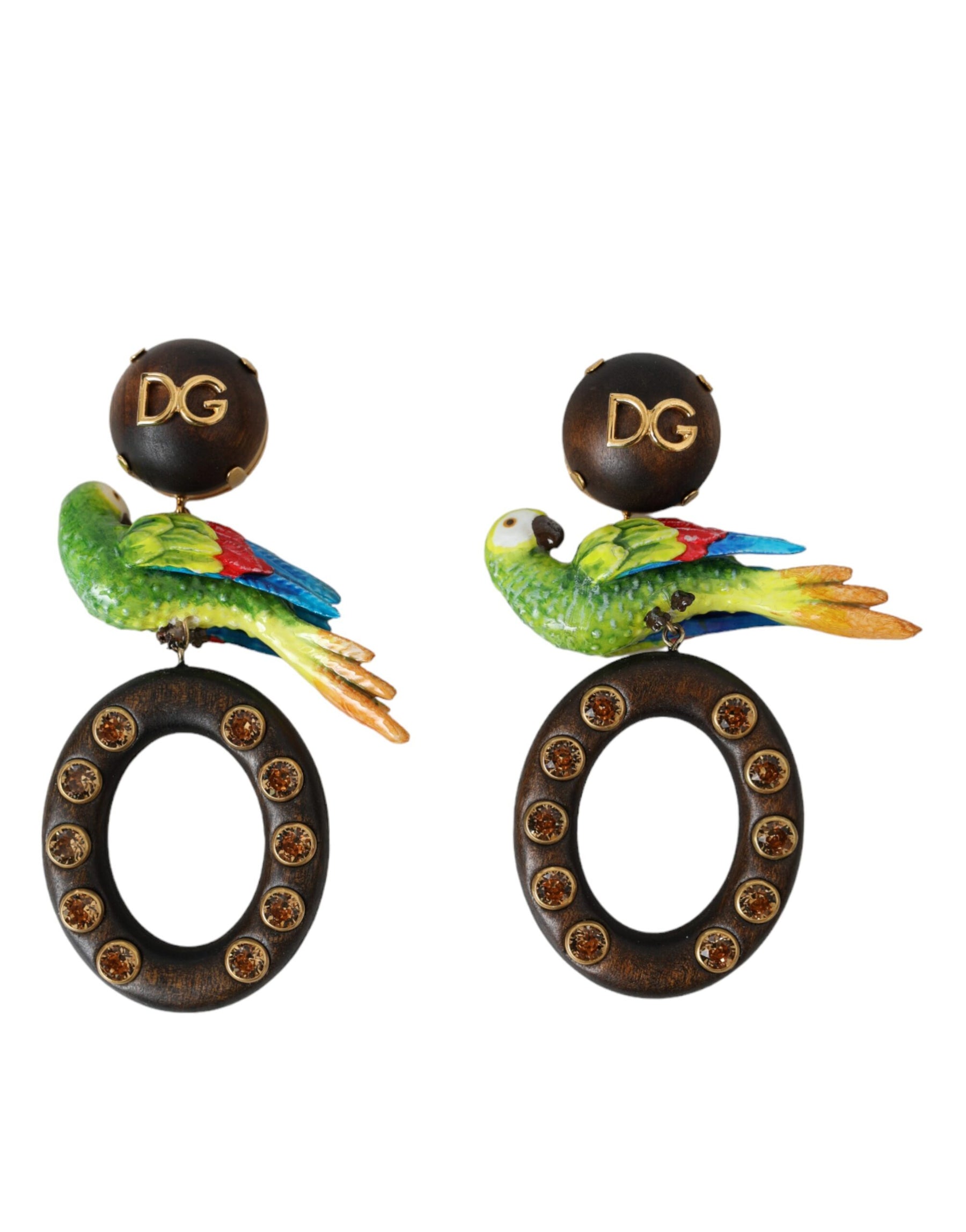 Dolce & Gabbana Multicolor Parrot Wood Brass Crystal Embellished Earrings | Regal Royce