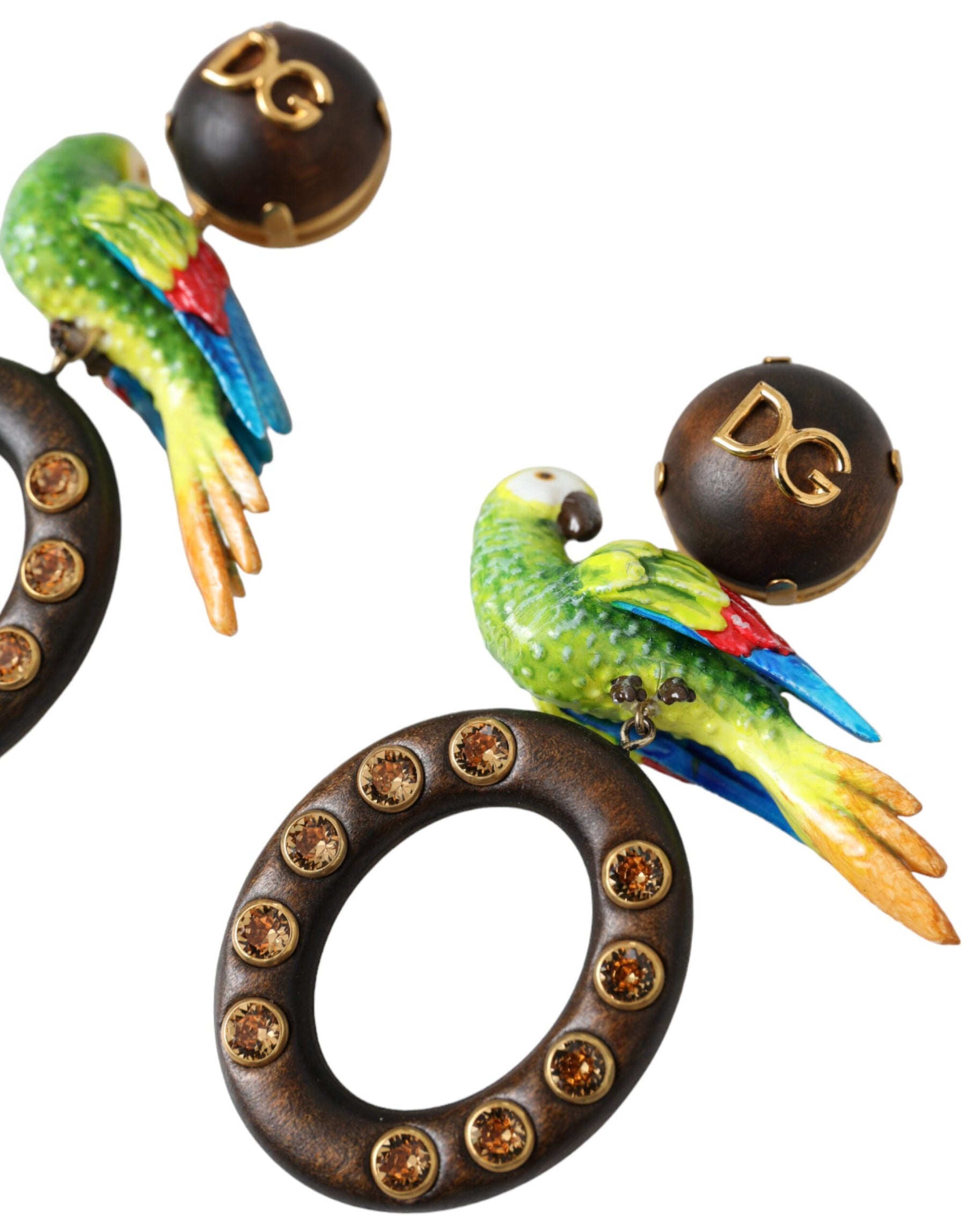 Dolce & Gabbana Multicolor Parrot Wood Brass Crystal Embellished Earrings | Regal Royce