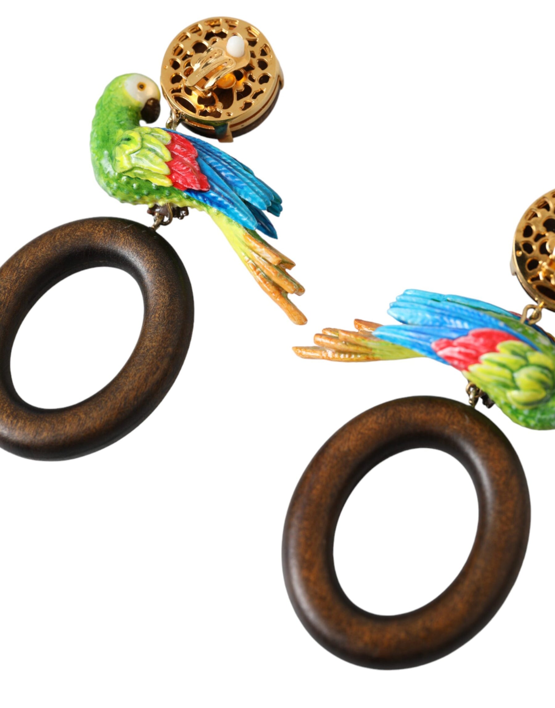 Dolce & Gabbana Multicolor Parrot Wood Brass Crystal Embellished Earrings | Regal Royce