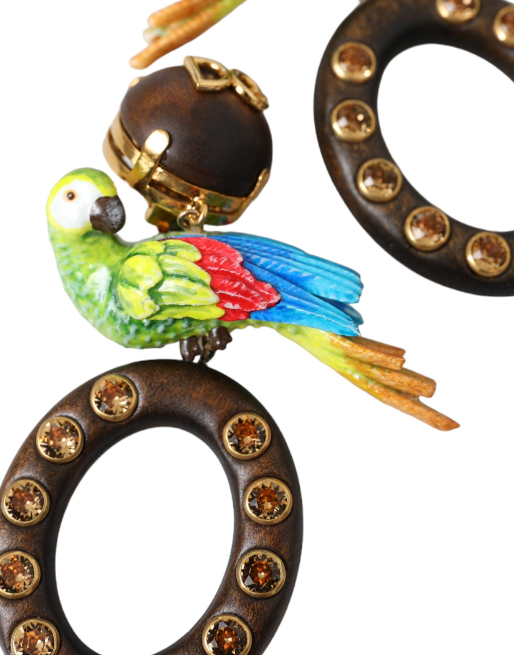 Dolce & Gabbana Multicolor Parrot Wood Brass Crystal Embellished Earrings | Regal Royce