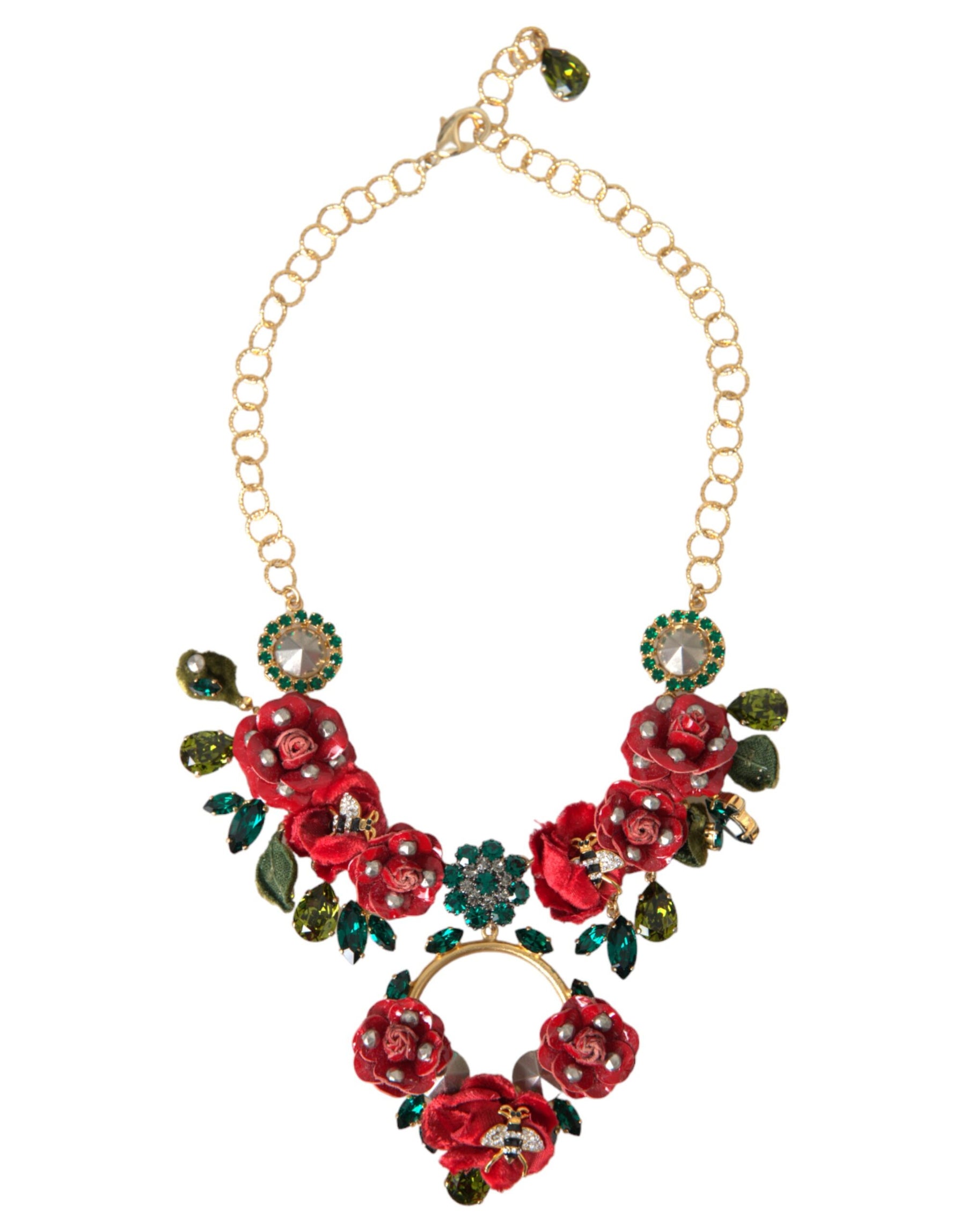Dolce & Gabbana Gold Brass Link Chain RosePetal Crystal Pendant Necklace | Regal Royce