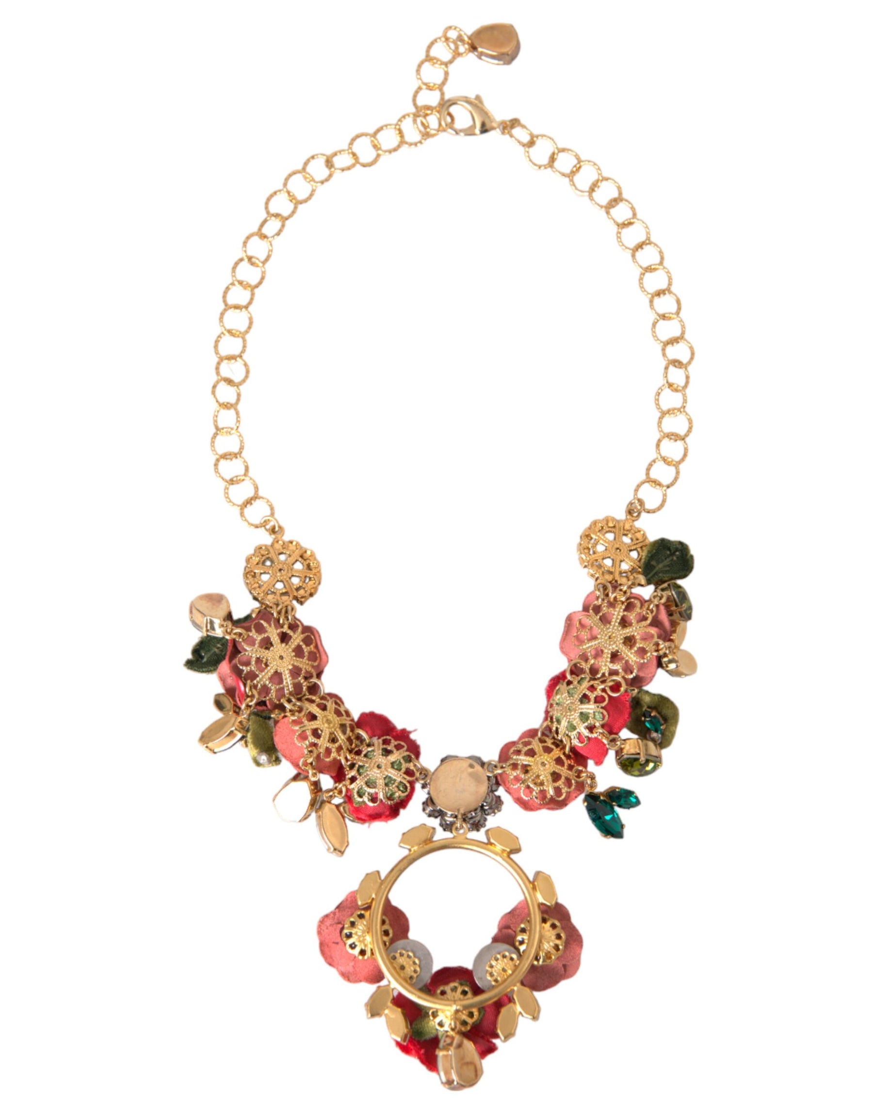 Dolce & Gabbana Gold Brass Link Chain RosePetal Crystal Pendant Necklace | Regal Royce