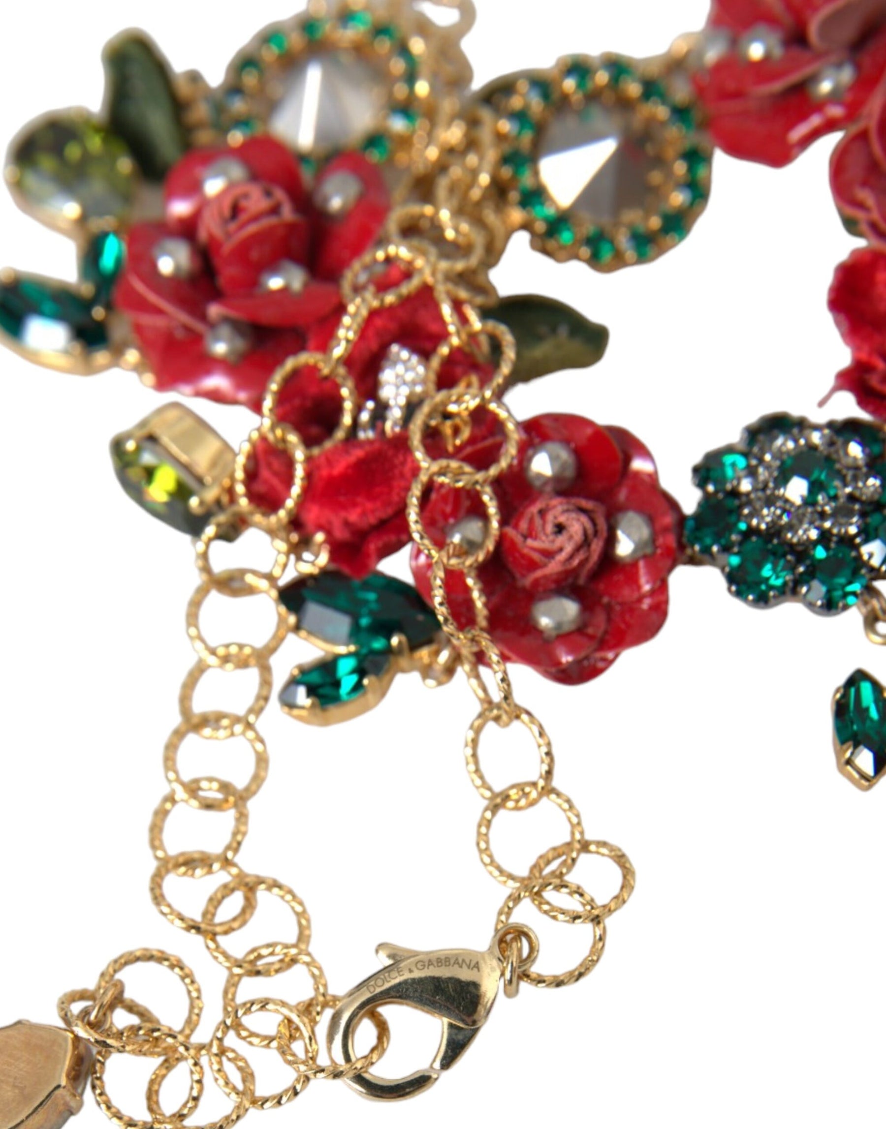 Dolce & Gabbana Gold Brass Link Chain RosePetal Crystal Pendant Necklace | Regal Royce