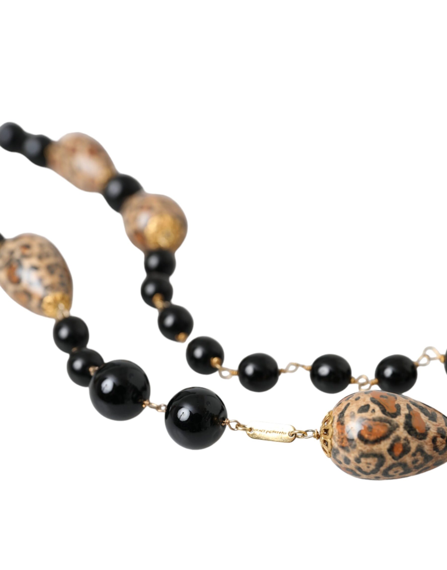 Dolce & Gabbana Gold Tone Brass Black Printed Beaded Long Chain Necklace | Regal Royce