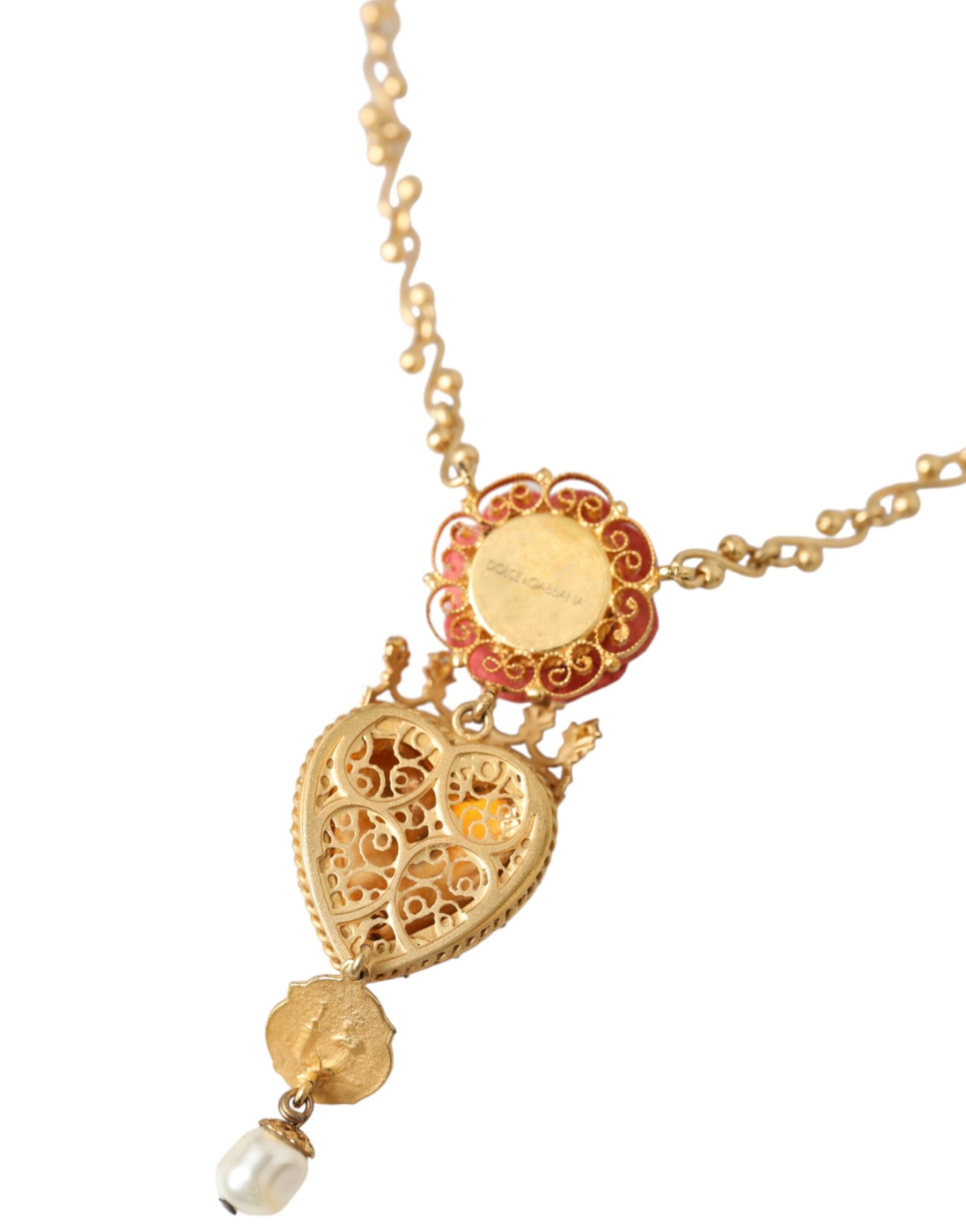 Dolce & Gabbana Gold BrassChain Sacred Heart Rose Crystal Charm Necklace | Regal Royce