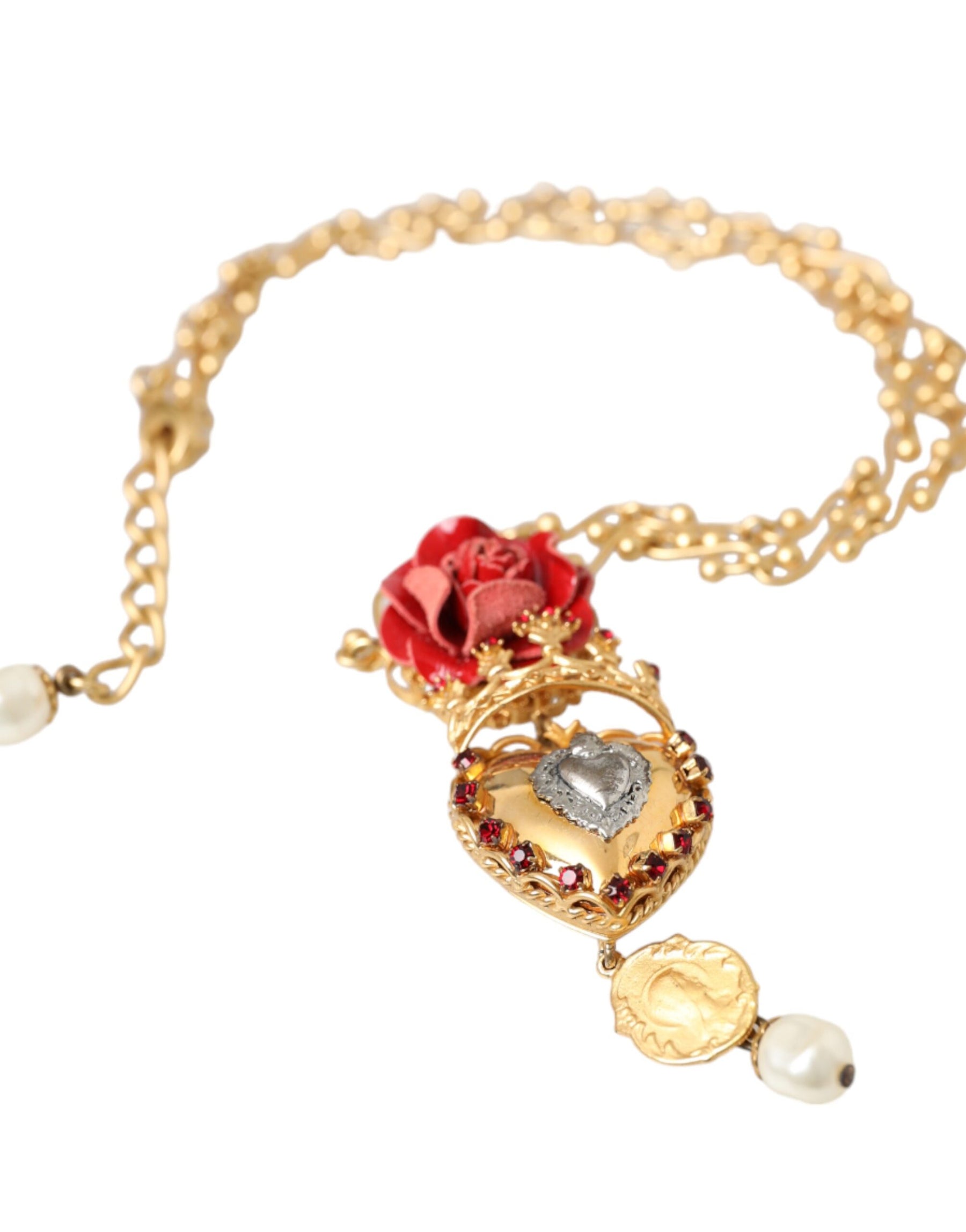 Dolce & Gabbana Gold BrassChain Sacred Heart Rose Crystal Charm Necklace | Regal Royce
