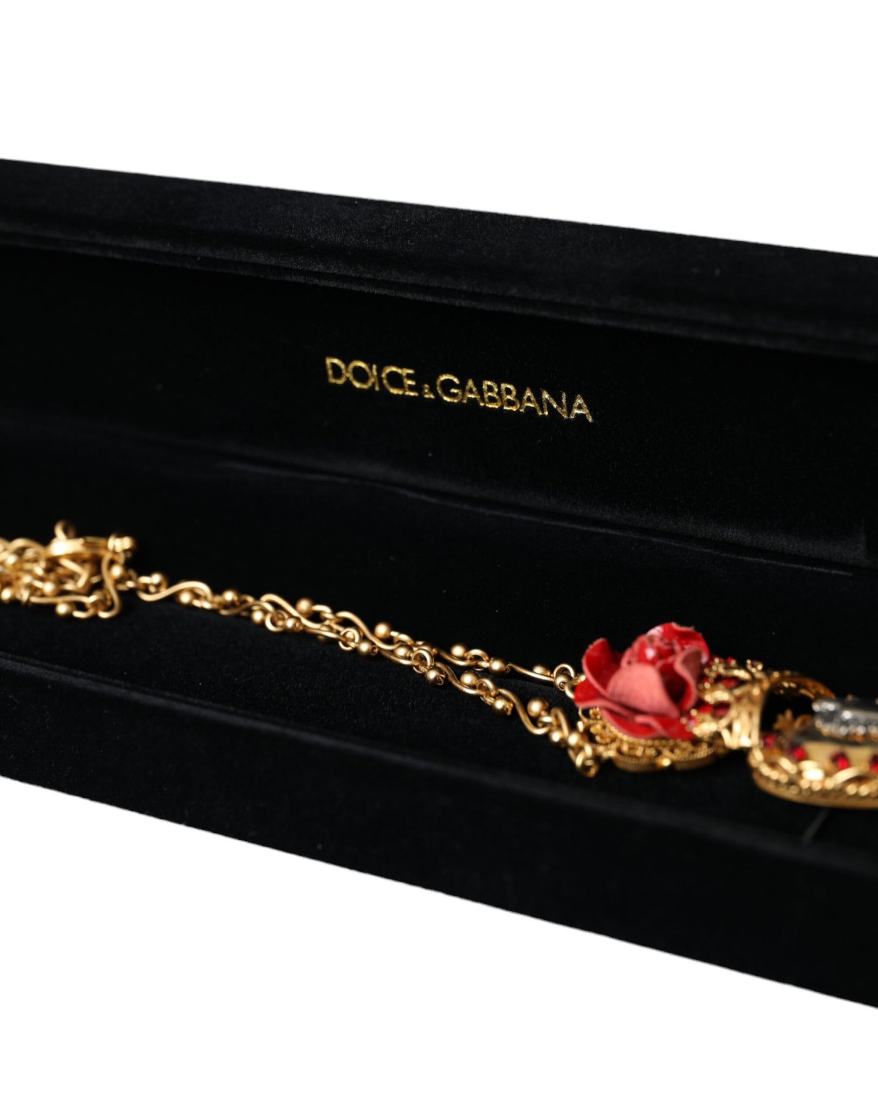 Dolce & Gabbana Gold BrassChain Sacred Heart Rose Crystal Charm Necklace | Regal Royce
