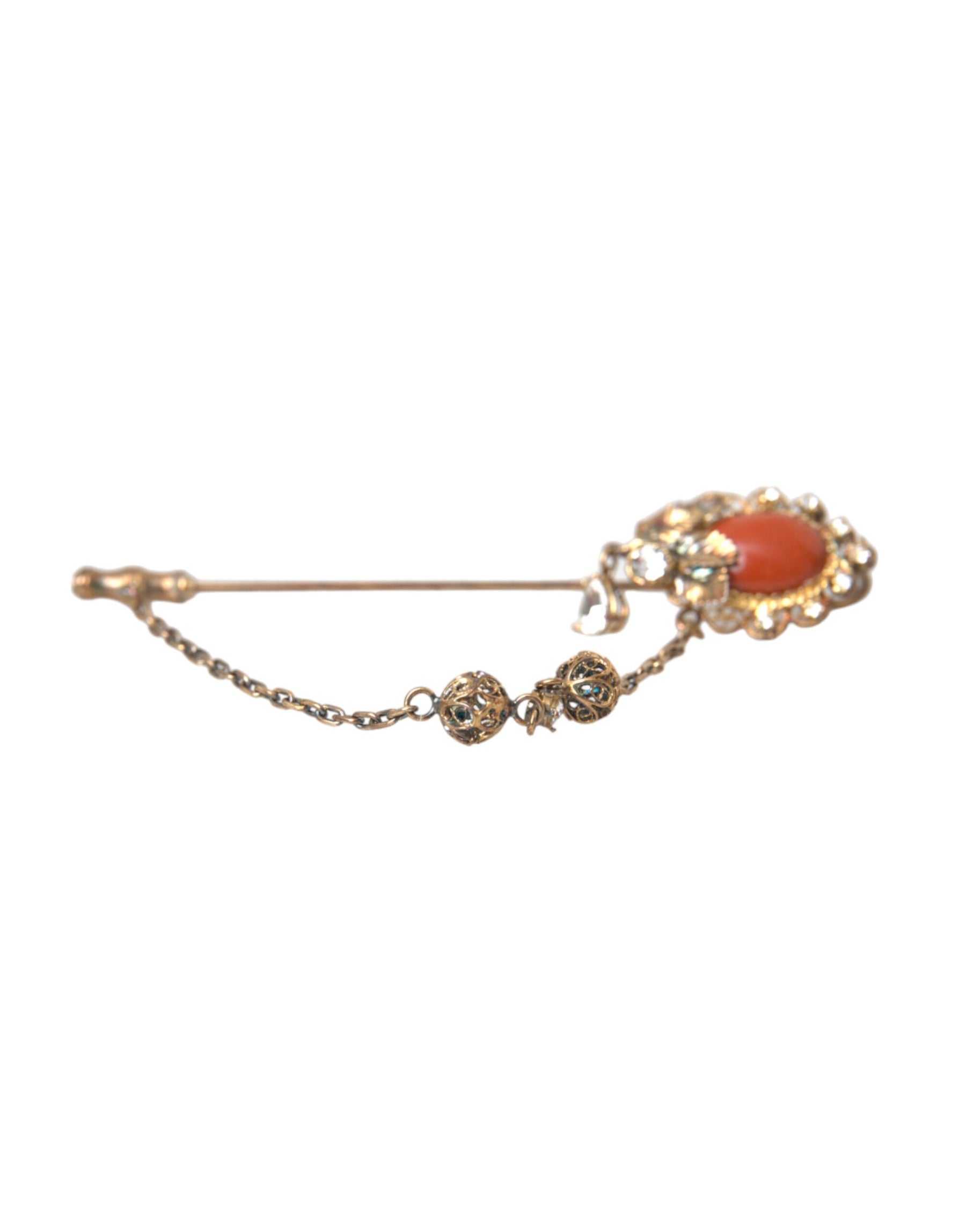 Dolce & Gabbana Gold Brass Crystal Chain 925 Sterling Silver Pin Brooch | Regal Royce