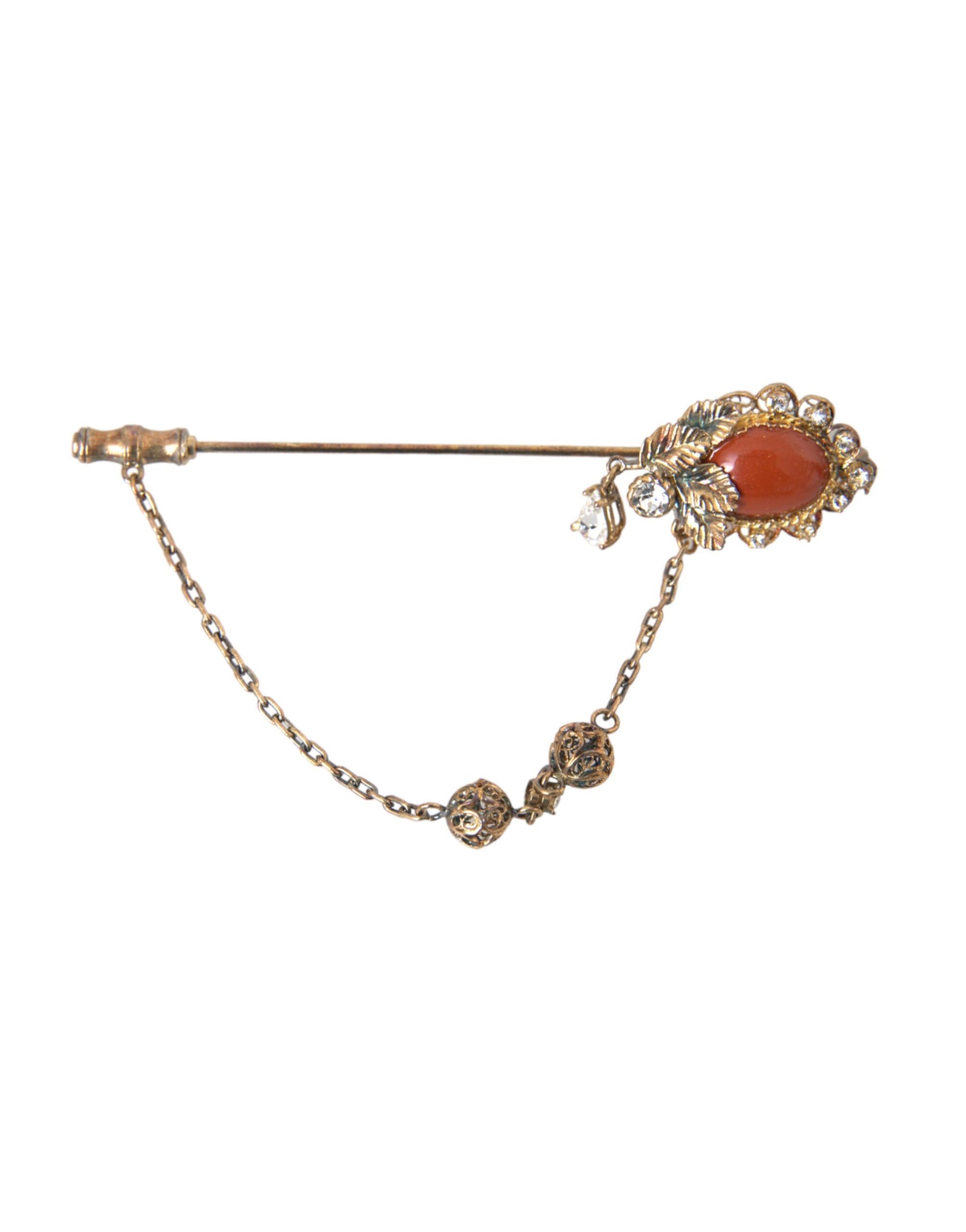Dolce & Gabbana Gold Brass Crystal Chain 925 Sterling Silver Pin Brooch | Regal Royce