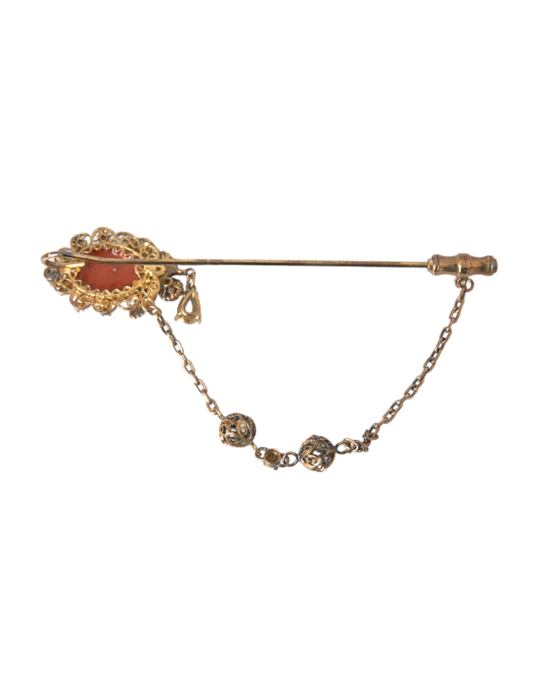 Dolce & Gabbana Gold Brass Crystal Chain 925 Sterling Silver Pin Brooch | Regal Royce