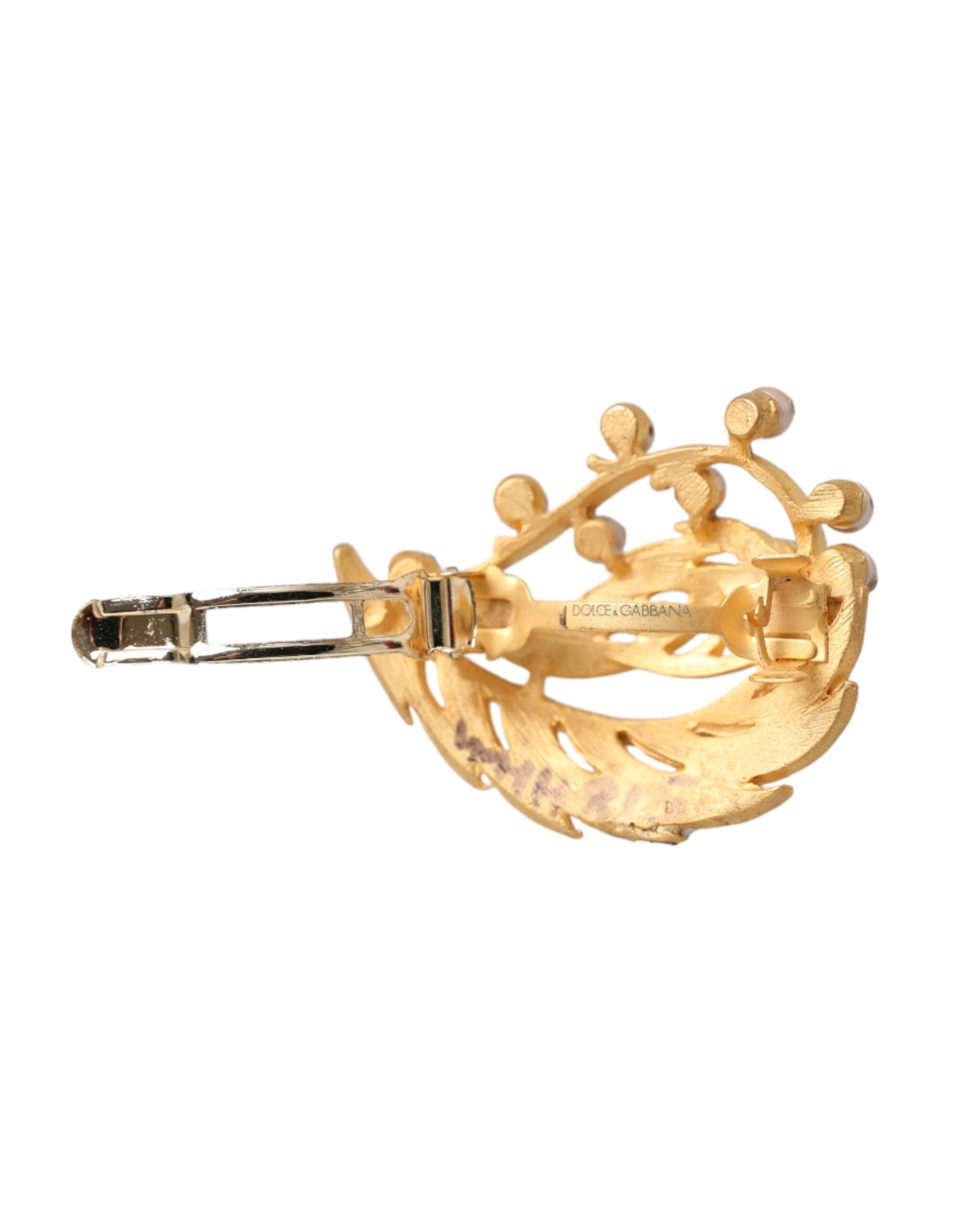 Dolce & Gabbana Gold Brass Leaf Embellished Jewelry Brooch Hair Pin | Regal Royce