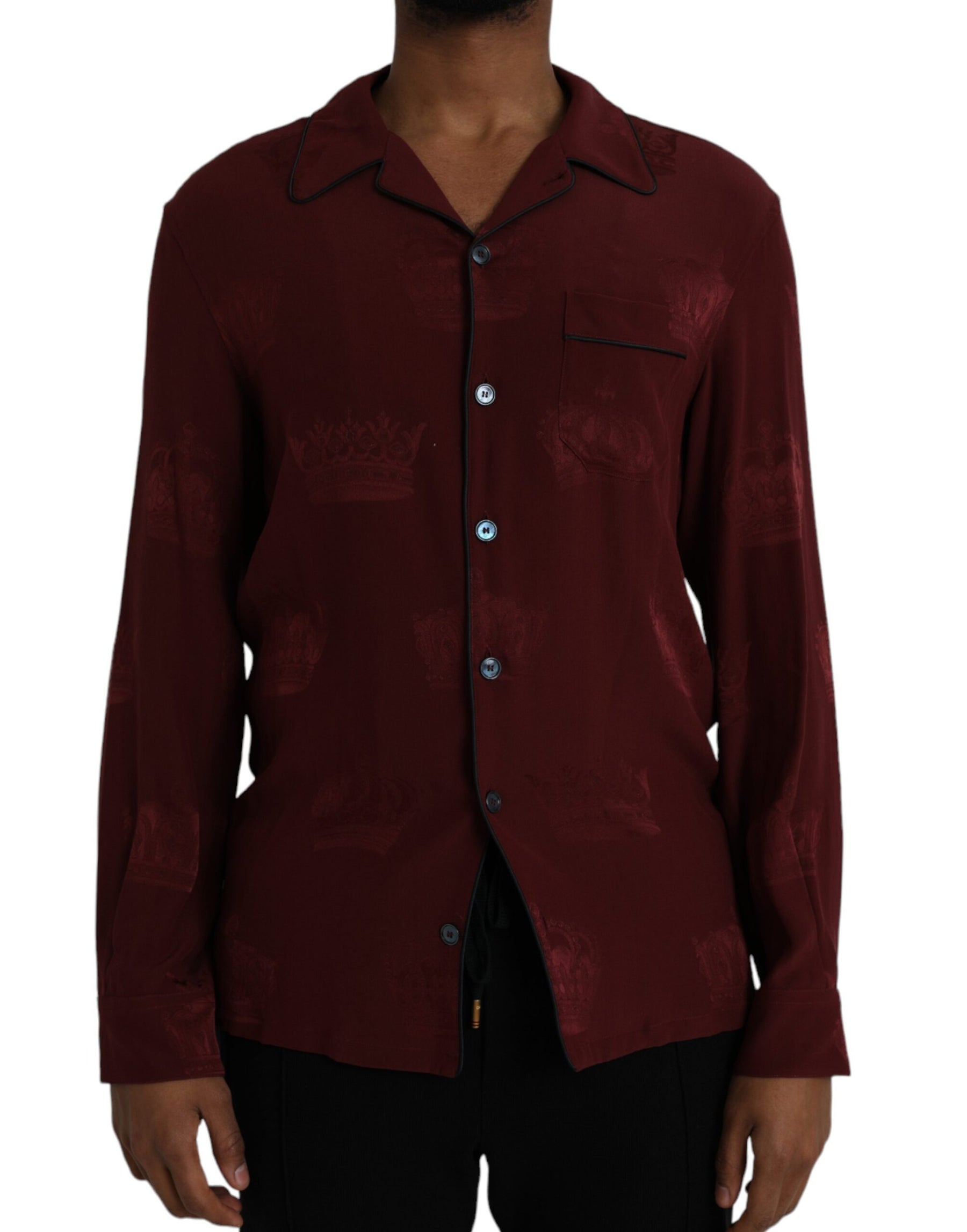 Dolce & Gabbana Maroon Crown Jacquard Silk Long Sleeve Shirt | Regal Royce