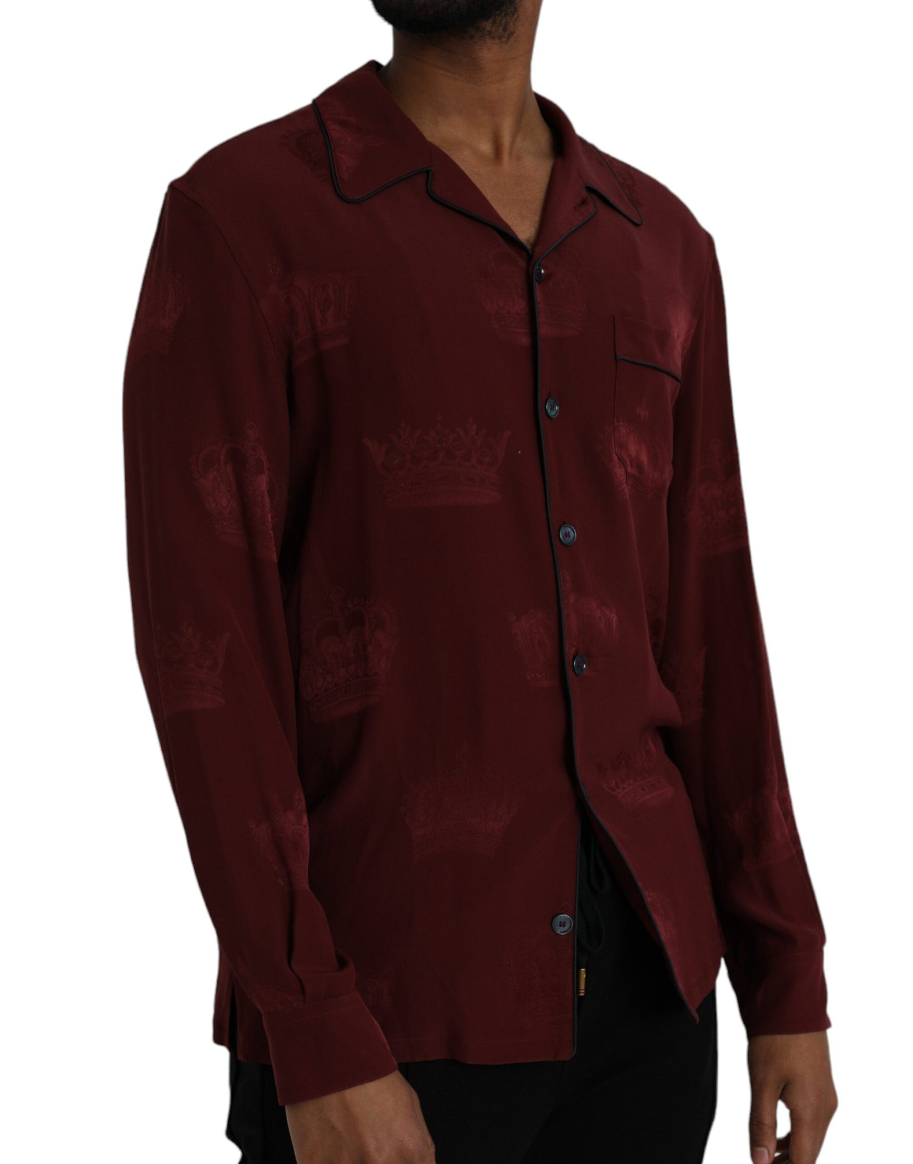 Dolce & Gabbana Maroon Crown Jacquard Silk Long Sleeve Shirt | Regal Royce
