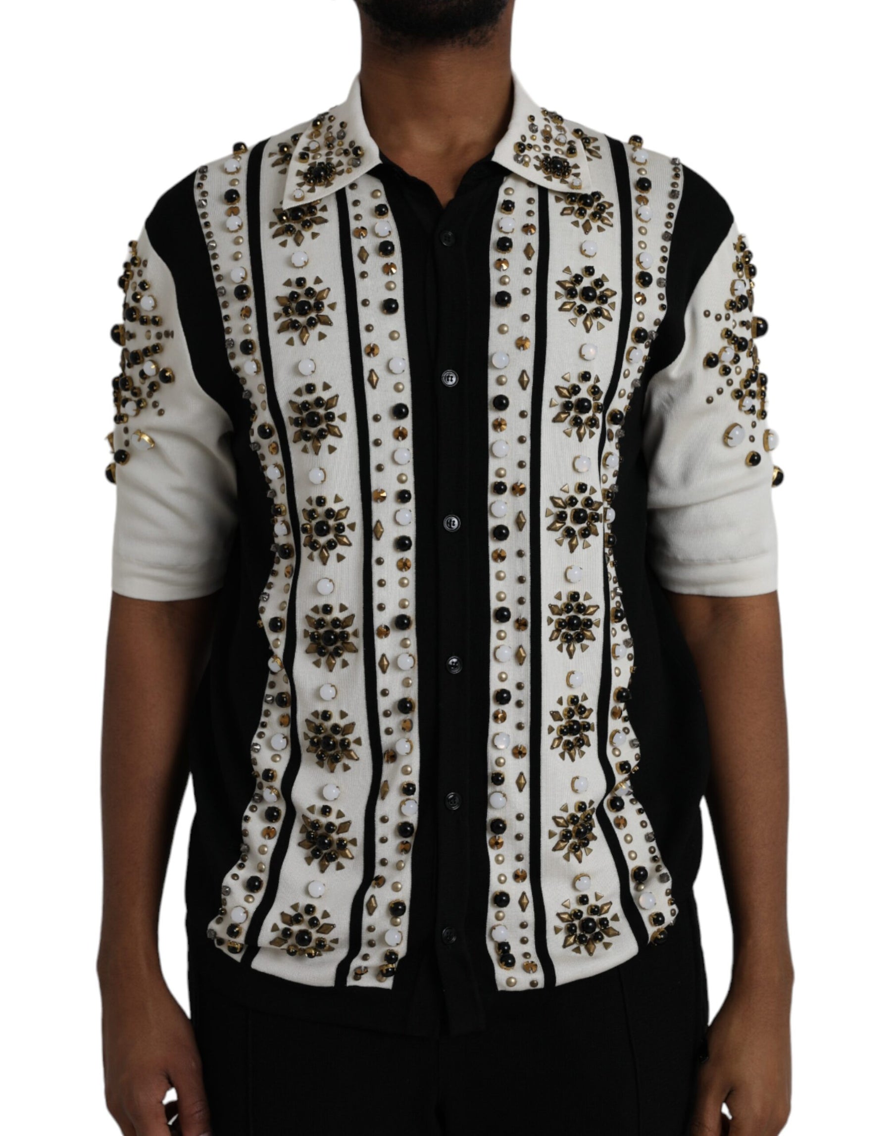 Dolce & Gabbana White Black Silk Studded Stone Crystal Shirt | Regal Royce