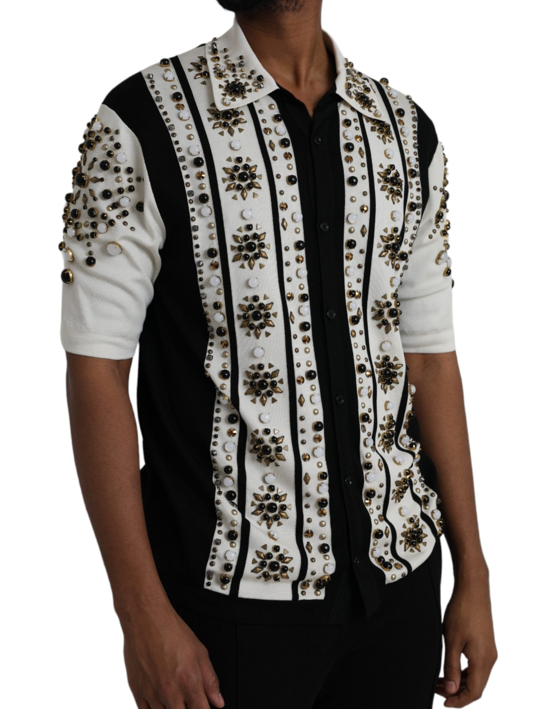 Dolce & Gabbana White Black Silk Studded Stone Crystal Shirt | Regal Royce