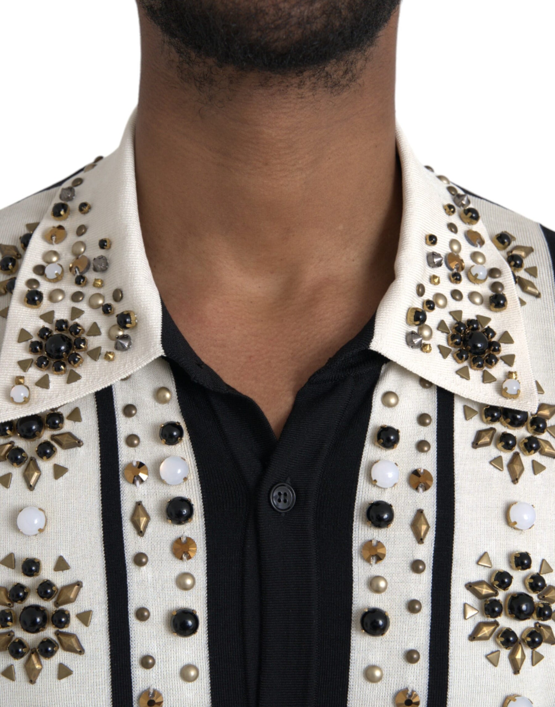 Dolce & Gabbana White Black Silk Studded Stone Crystal Shirt | Regal Royce