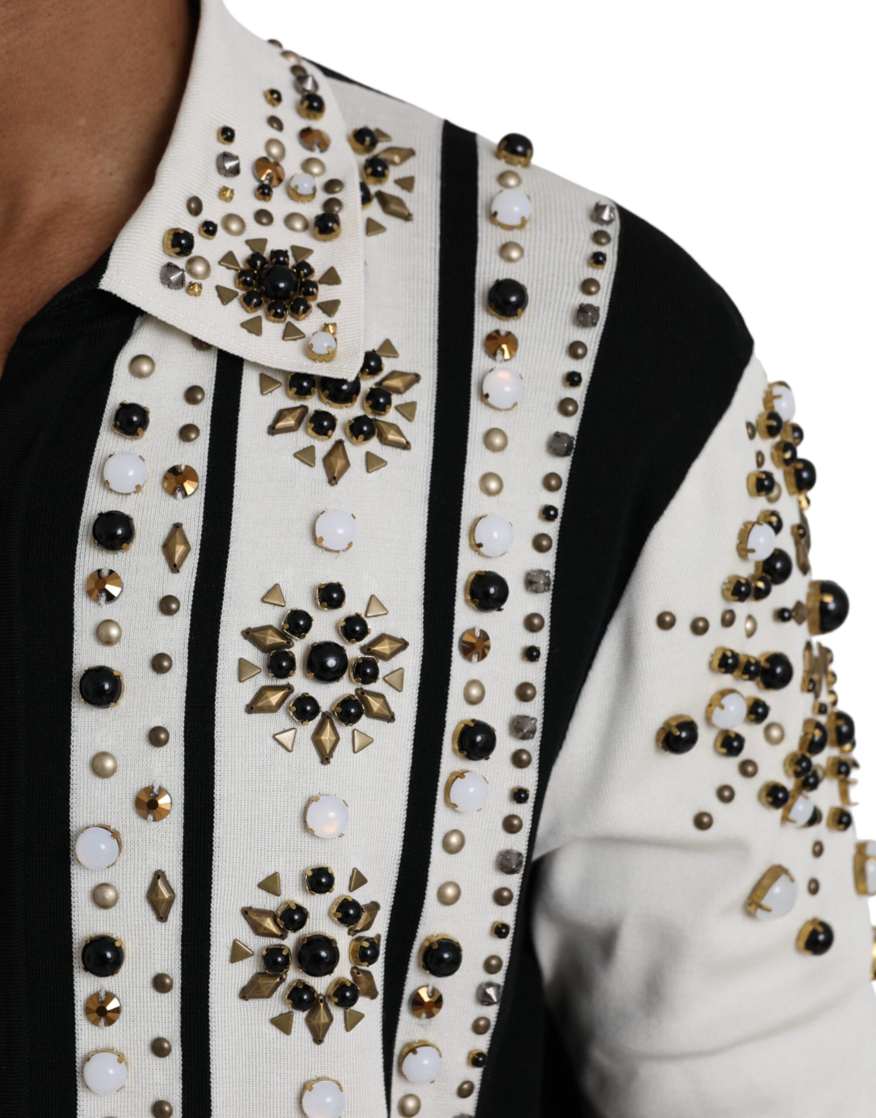 Dolce & Gabbana White Black Silk Studded Stone Crystal Shirt | Regal Royce