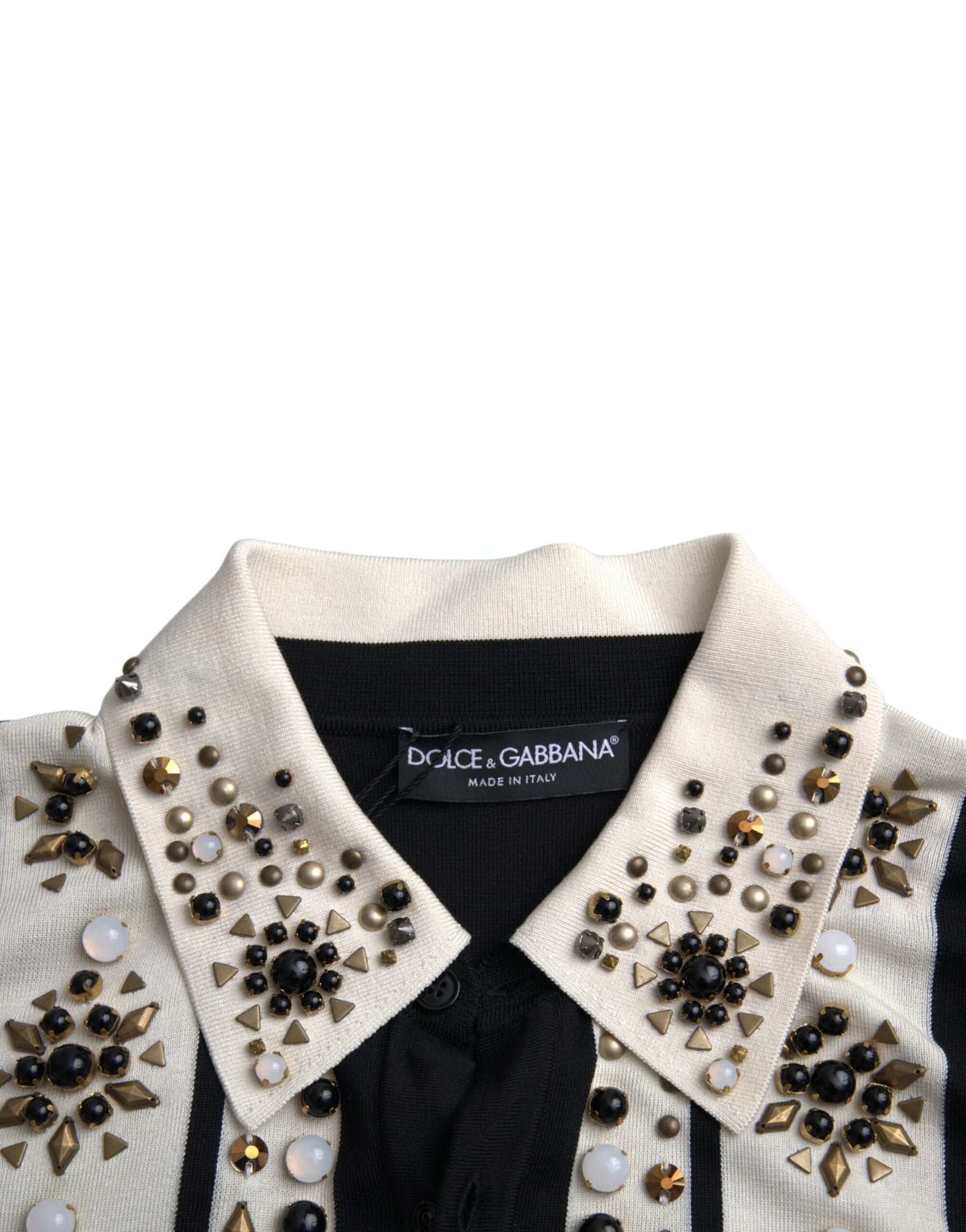 Dolce & Gabbana White Black Silk Studded Stone Crystal Shirt | Regal Royce