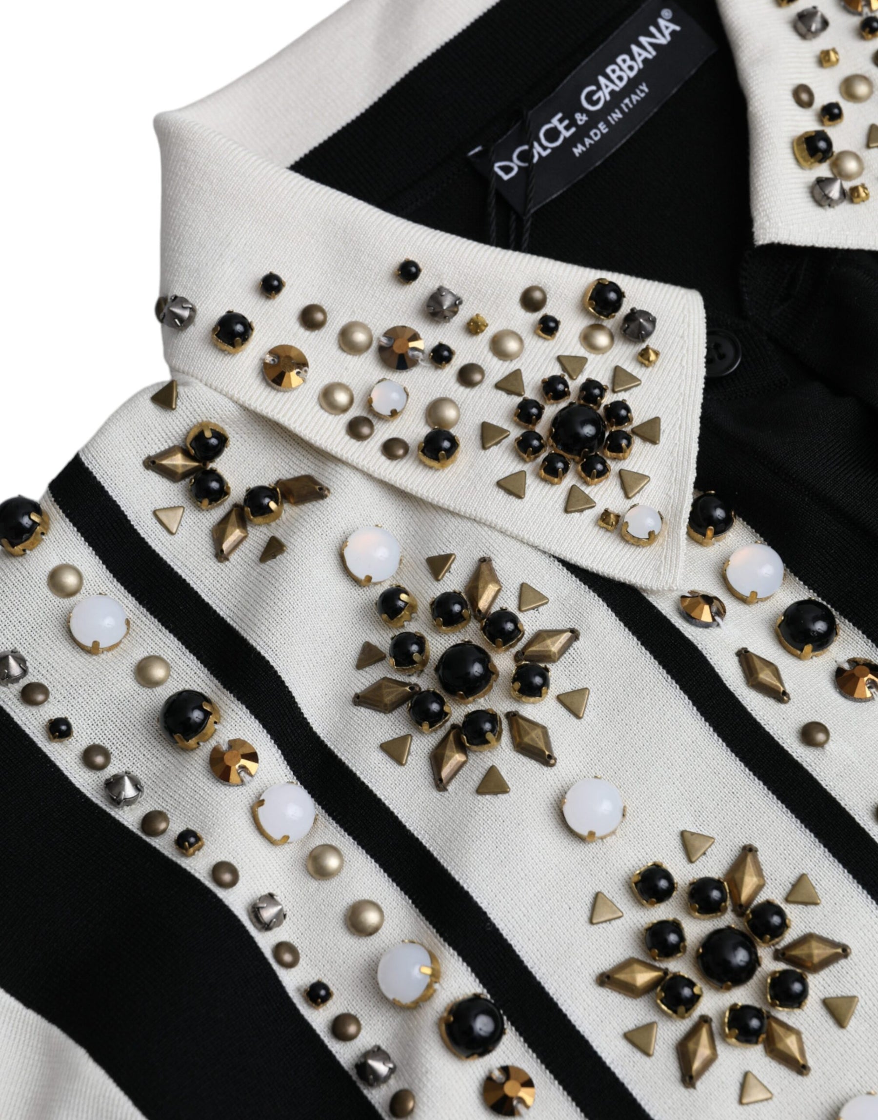 Dolce & Gabbana White Black Silk Studded Stone Crystal Shirt | Regal Royce