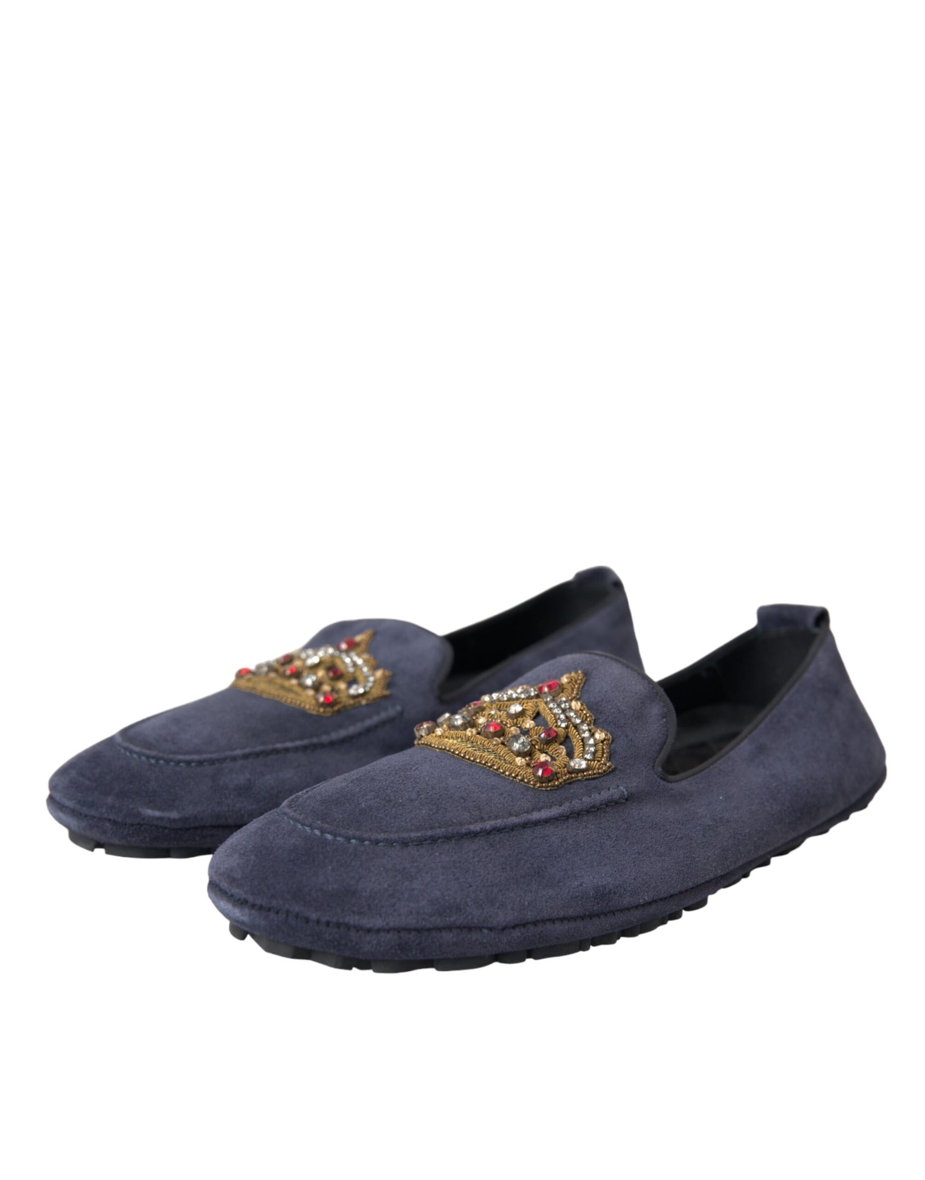 Dolce & Gabbana Blue Leather Suede Crystal Crown Loafers Shoes | Regal Royce