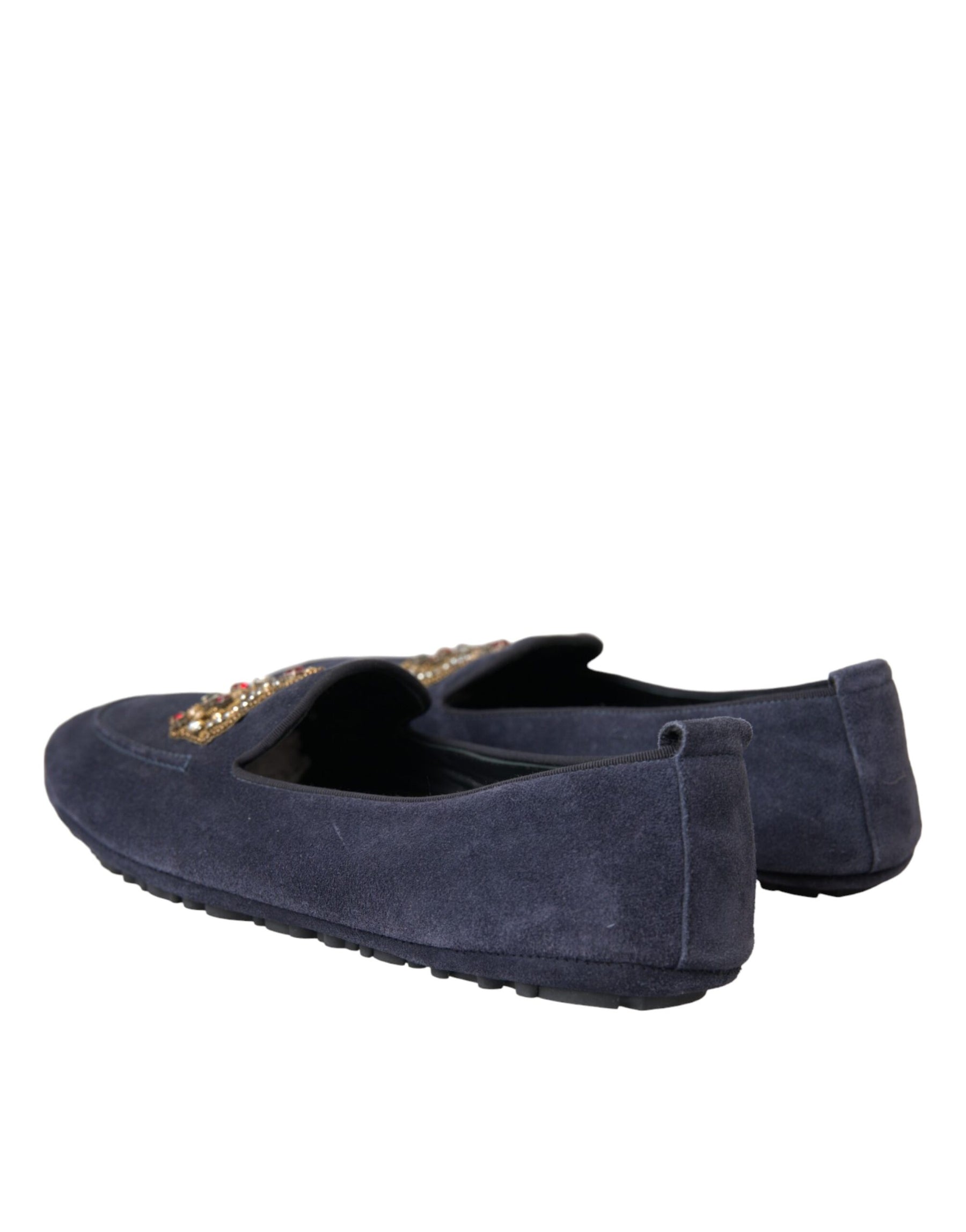 Dolce & Gabbana Blue Leather Suede Crystal Crown Loafers Shoes | Regal Royce