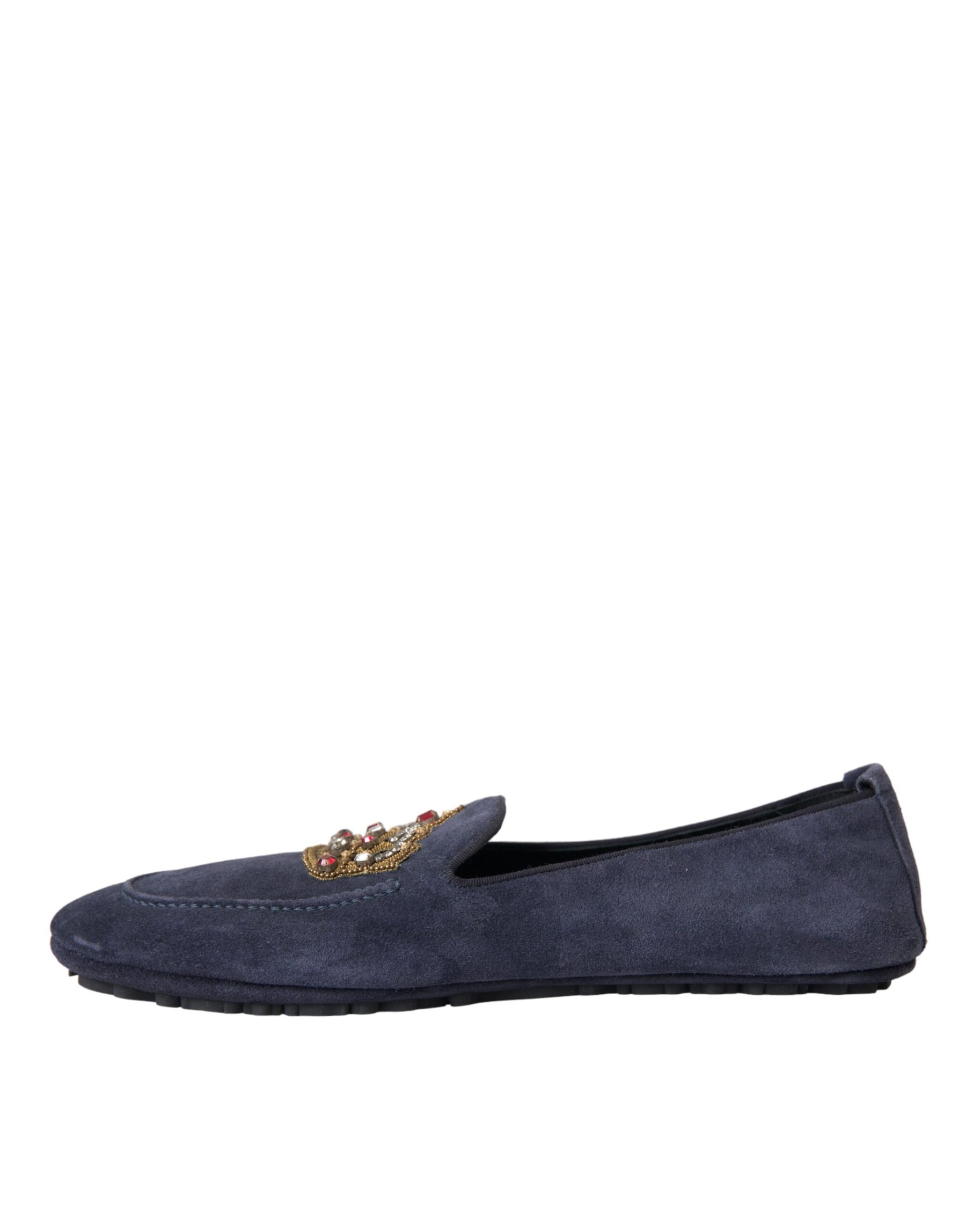 Dolce & Gabbana Blue Leather Suede Crystal Crown Loafers Shoes | Regal Royce