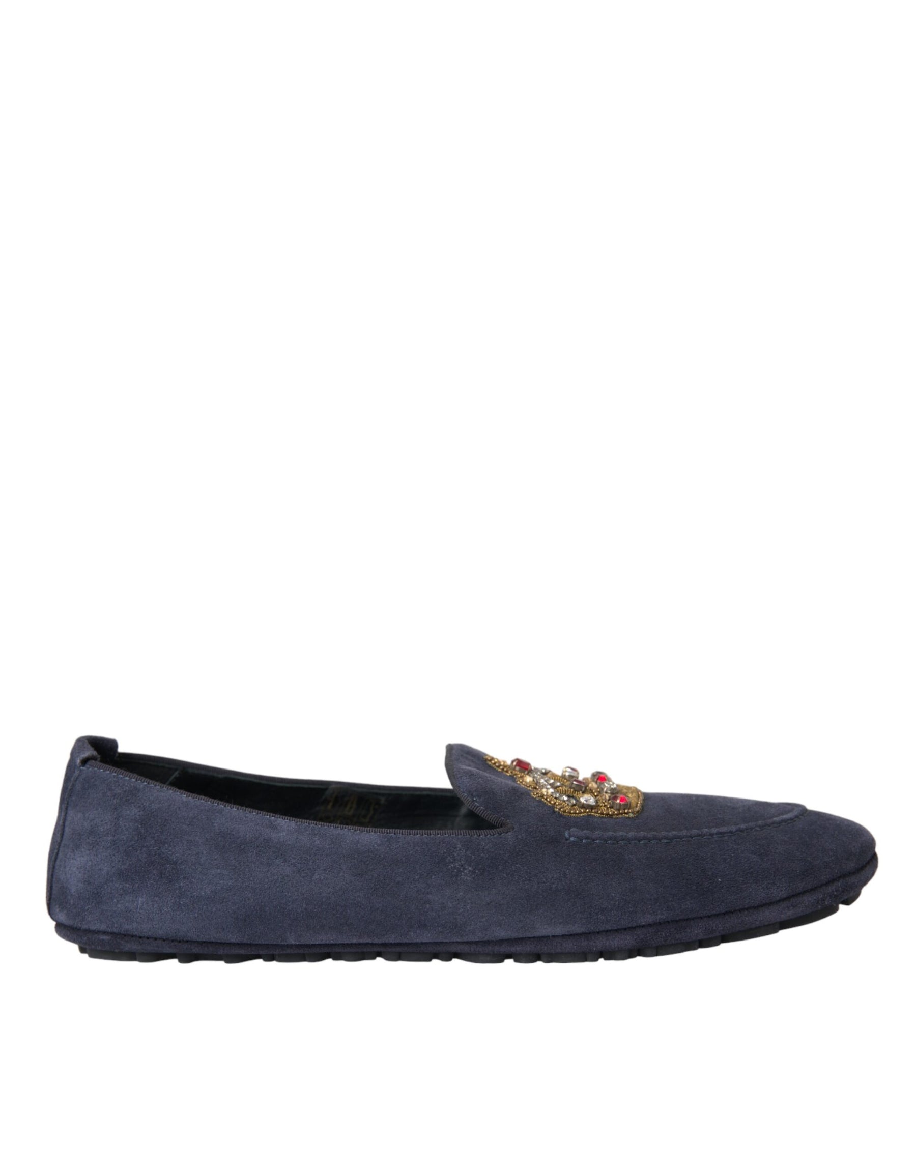 Dolce & Gabbana Blue Leather Suede Crystal Crown Loafers Shoes | Regal Royce