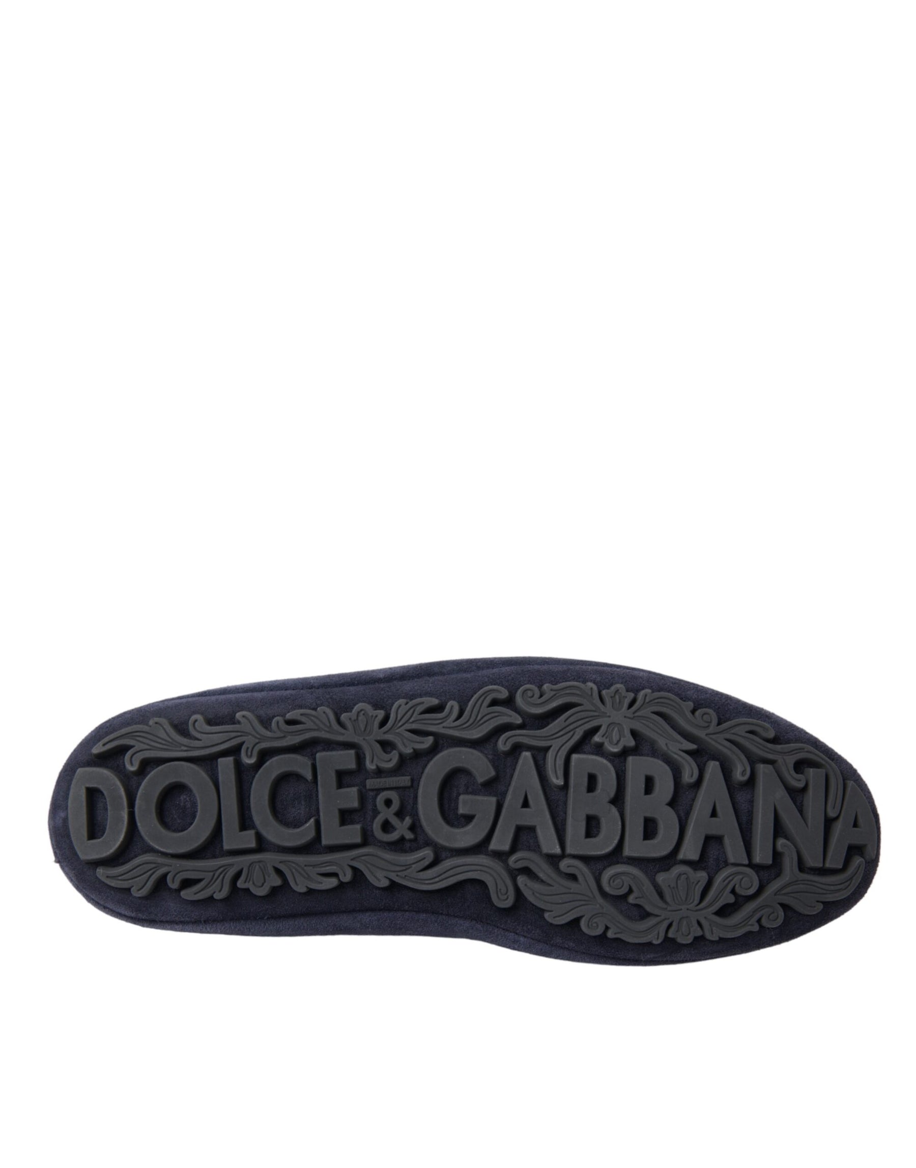 Dolce & Gabbana Blue Leather Suede Crystal Crown Loafers Shoes | Regal Royce