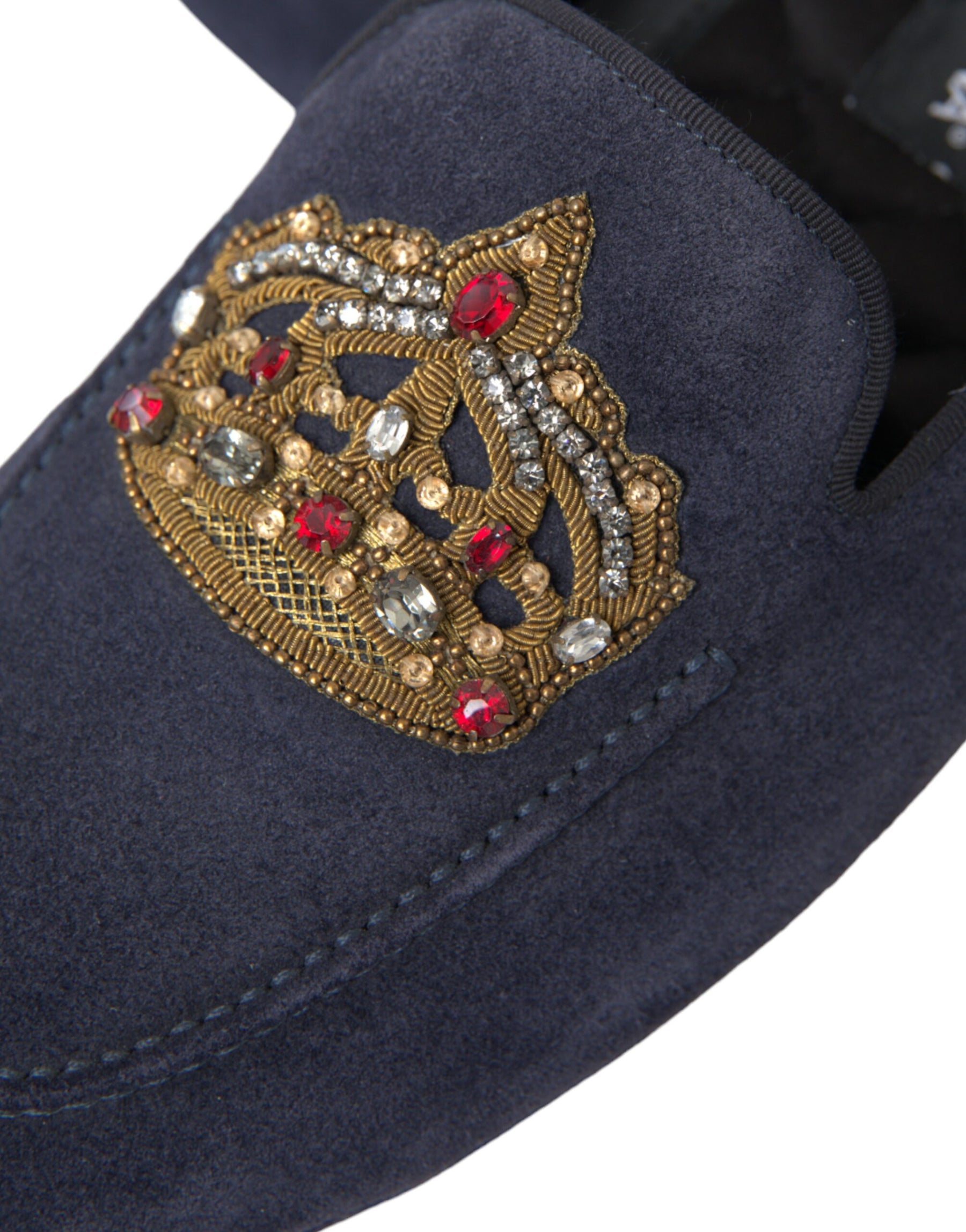 Dolce & Gabbana Blue Leather Suede Crystal Crown Loafers Shoes | Regal Royce