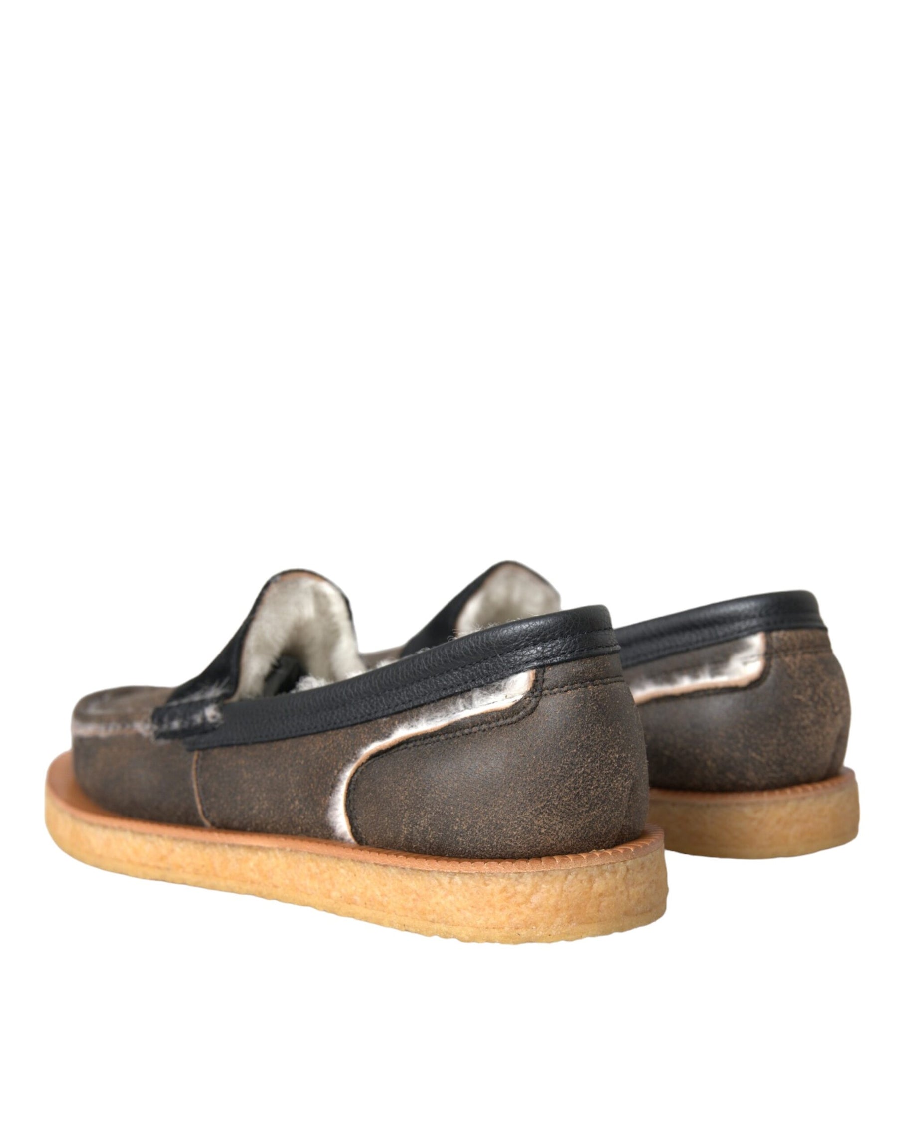Dolce & Gabbana Brown Black Fur Leather Loafers Men Shoes | Regal Royce