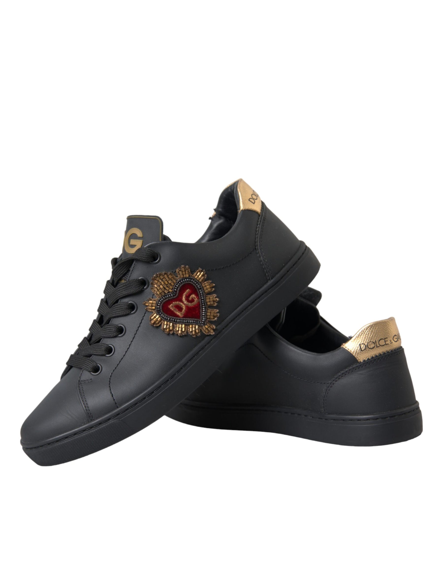 Dolce & Gabbana Black Leather Heart Embellished Sneakers Shoes | Regal Royce
