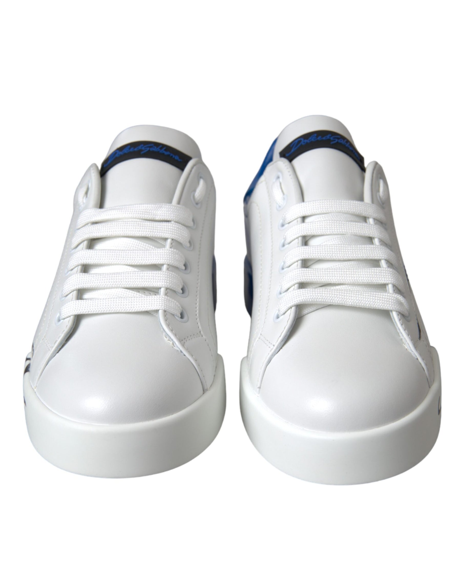 Dolce & Gabbana White Blue Leather Logo Low Top Sneakers Shoes | Regal Royce