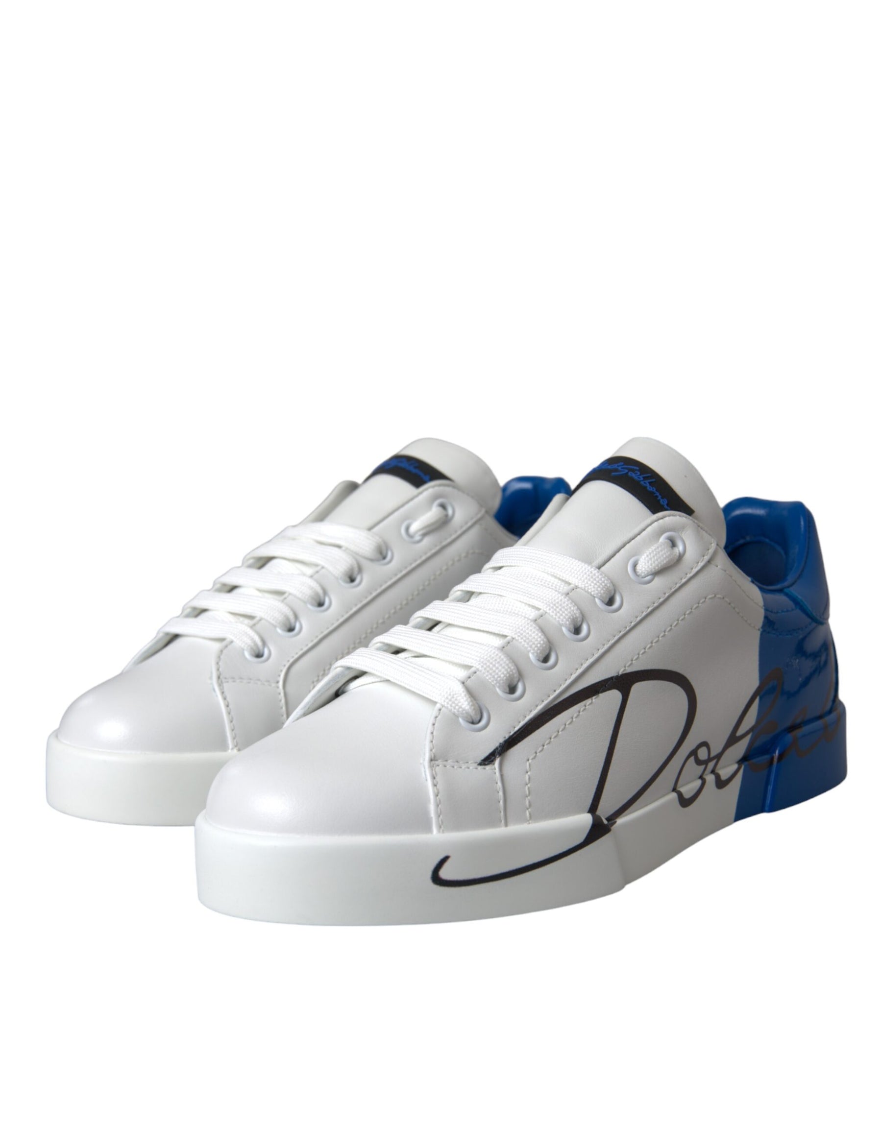 Dolce & Gabbana White Blue Leather Logo Low Top Sneakers Shoes | Regal Royce