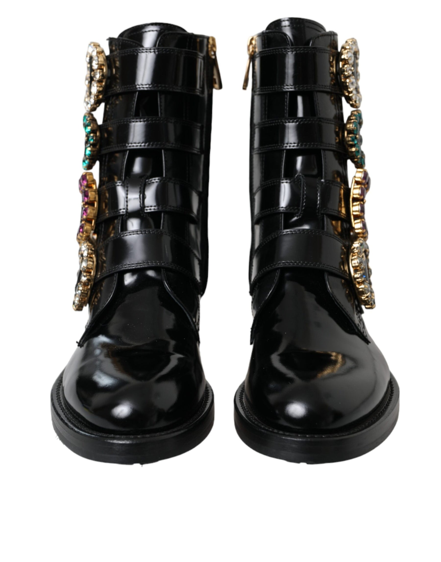 Dolce & Gabbana Black Leather Crystal Buckles Boots Shoes | Regal Royce