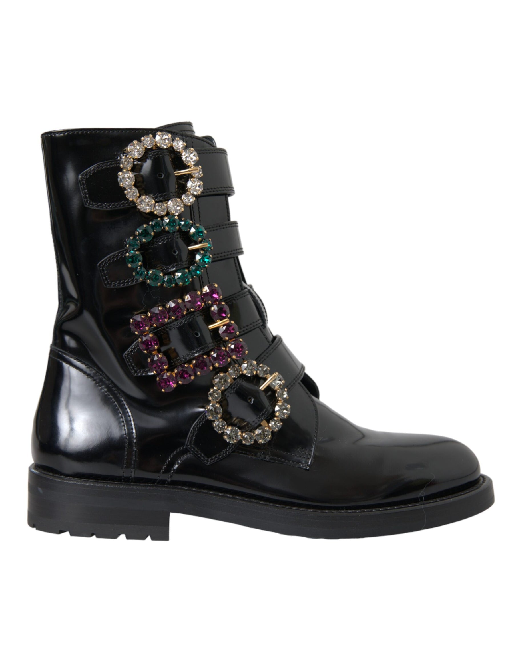 Dolce & Gabbana Black Leather Crystal Buckles Boots Shoes | Regal Royce