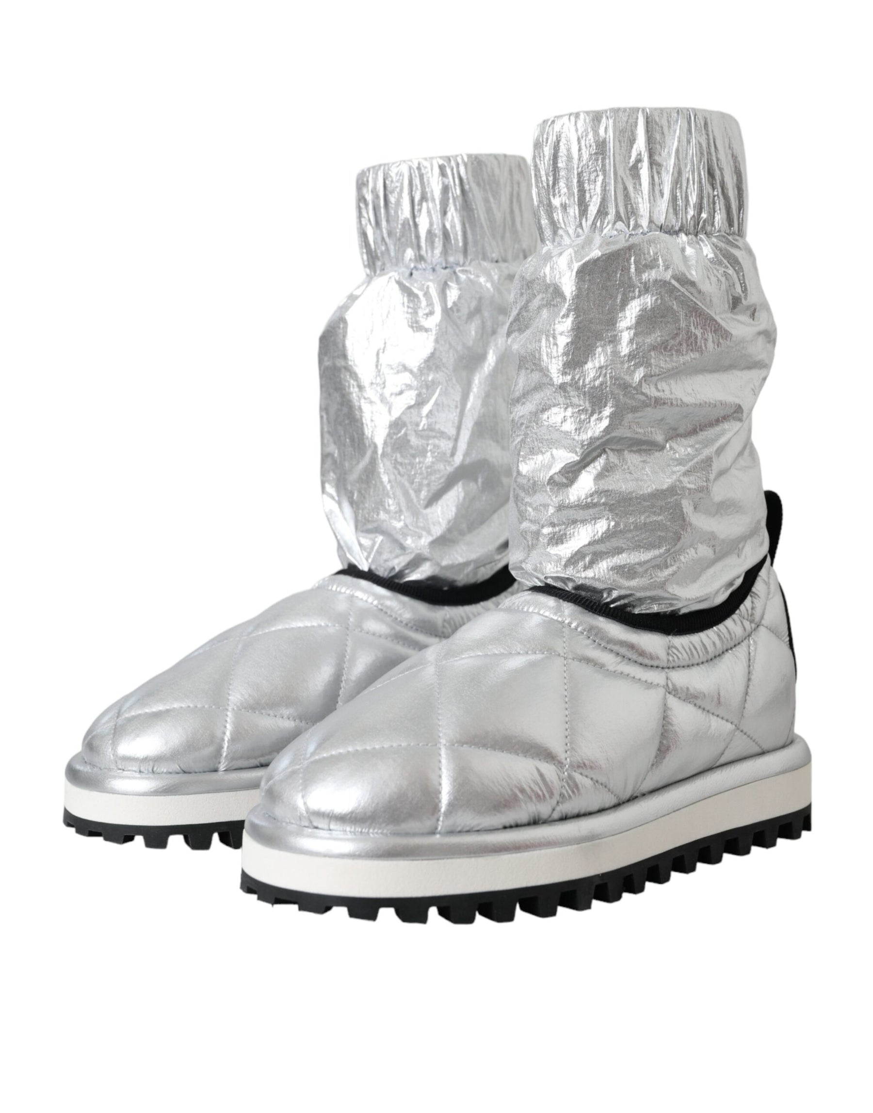 Dolce & Gabbana Metallic Silver Quilted Logo Patch Boot Shoes | Regal Royce