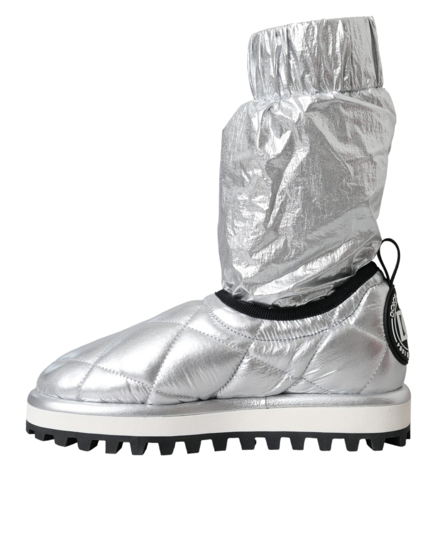 Dolce & Gabbana Metallic Silver Quilted Logo Patch Boot Shoes | Regal Royce