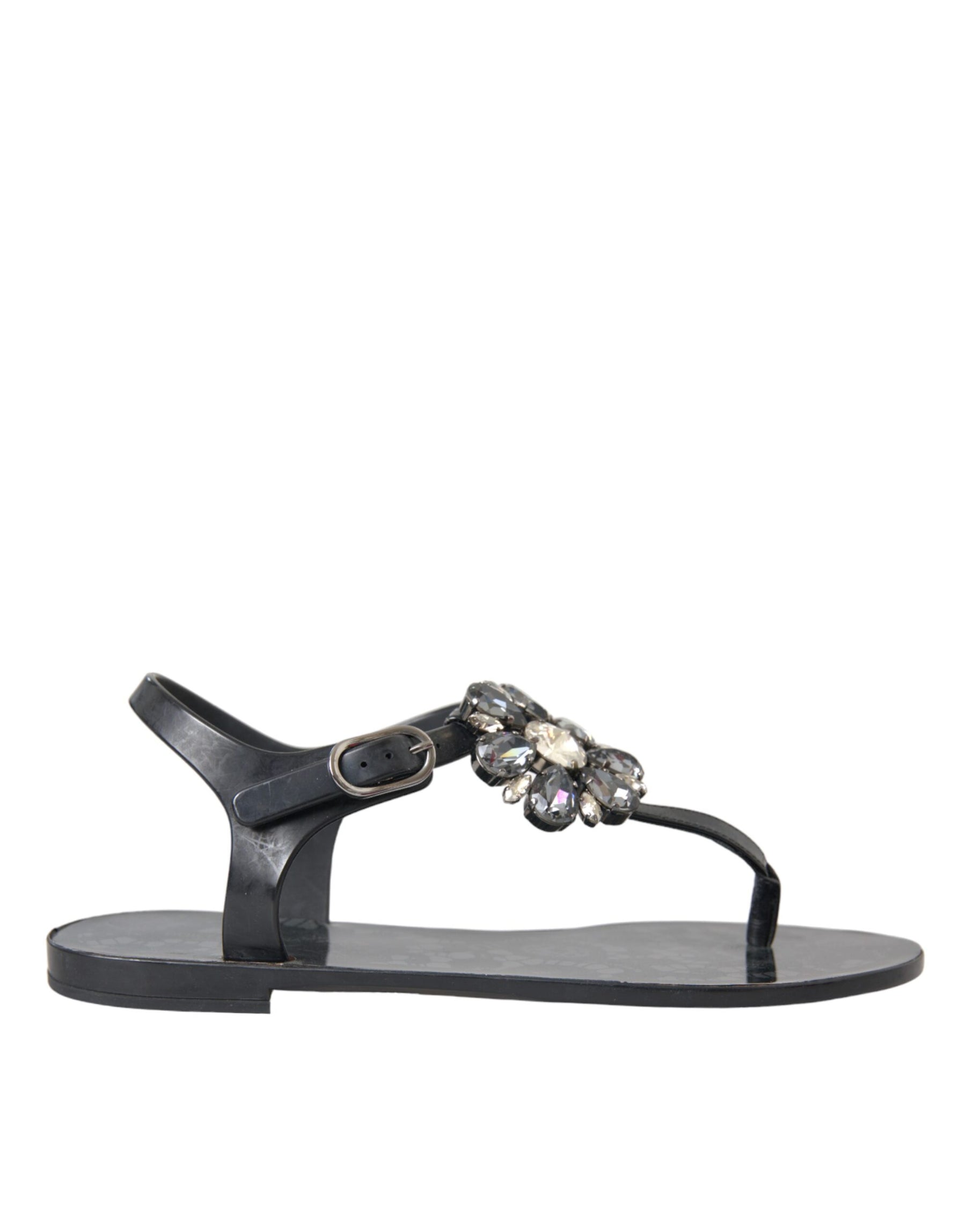 Dolce & Gabbana Black Crystal Flats Sandals Flip Flops Shoes | Regal Royce