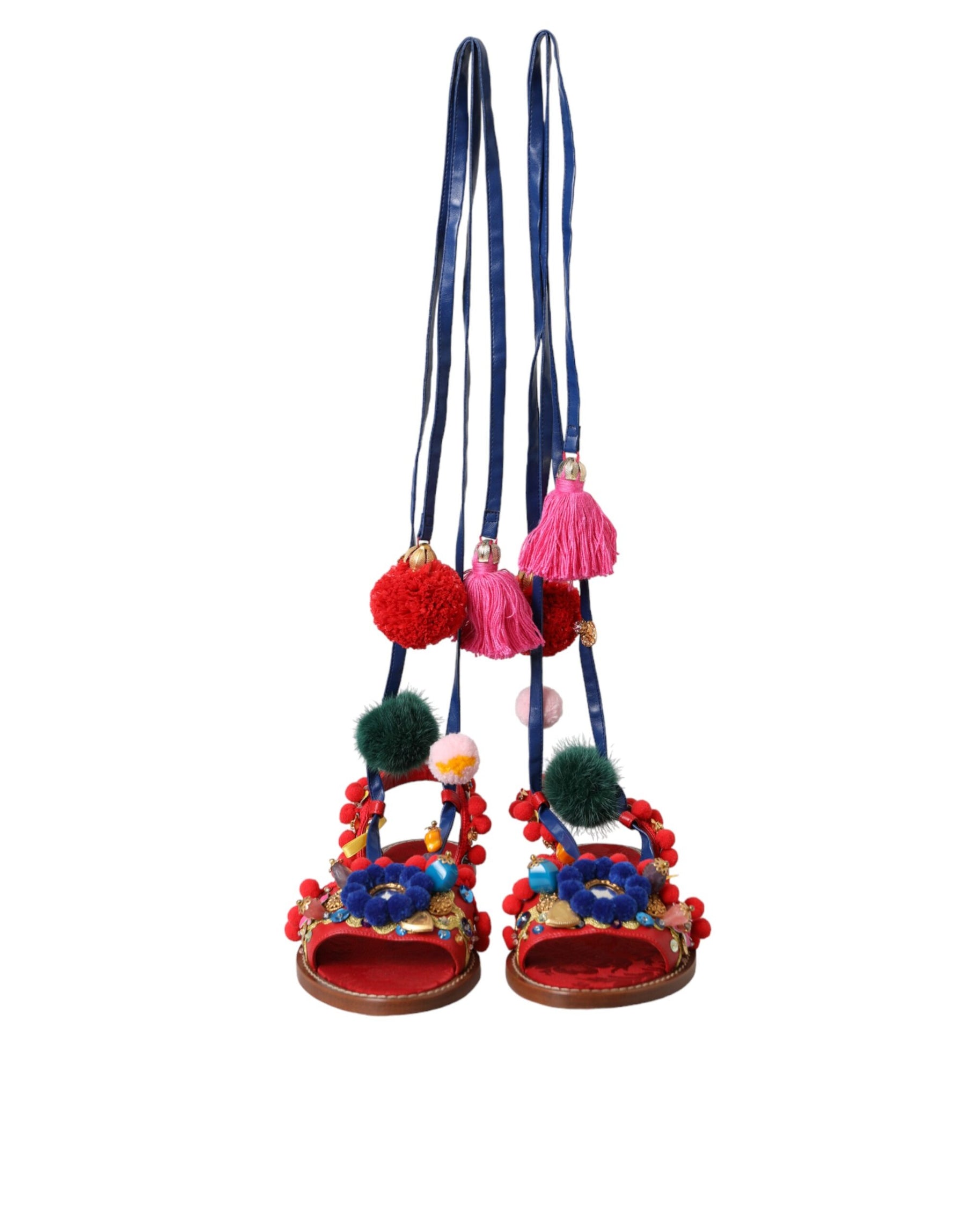 Dolce & Gabbana Multicolor Pom Pom Fur Wrap Sandals Shoes | Regal Royce