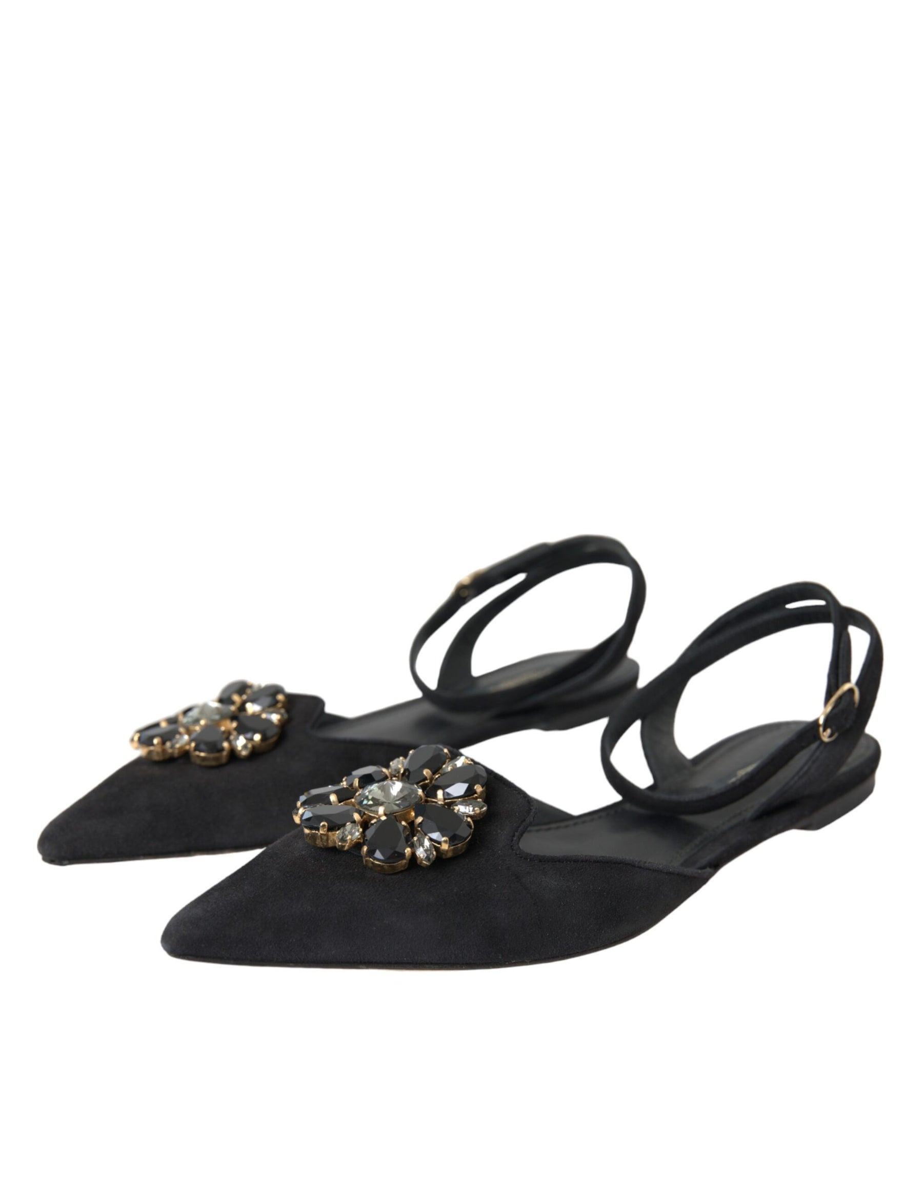 Dolce & Gabbana Black Leather Crystal Slingback Sandals Shoes | Regal Royce