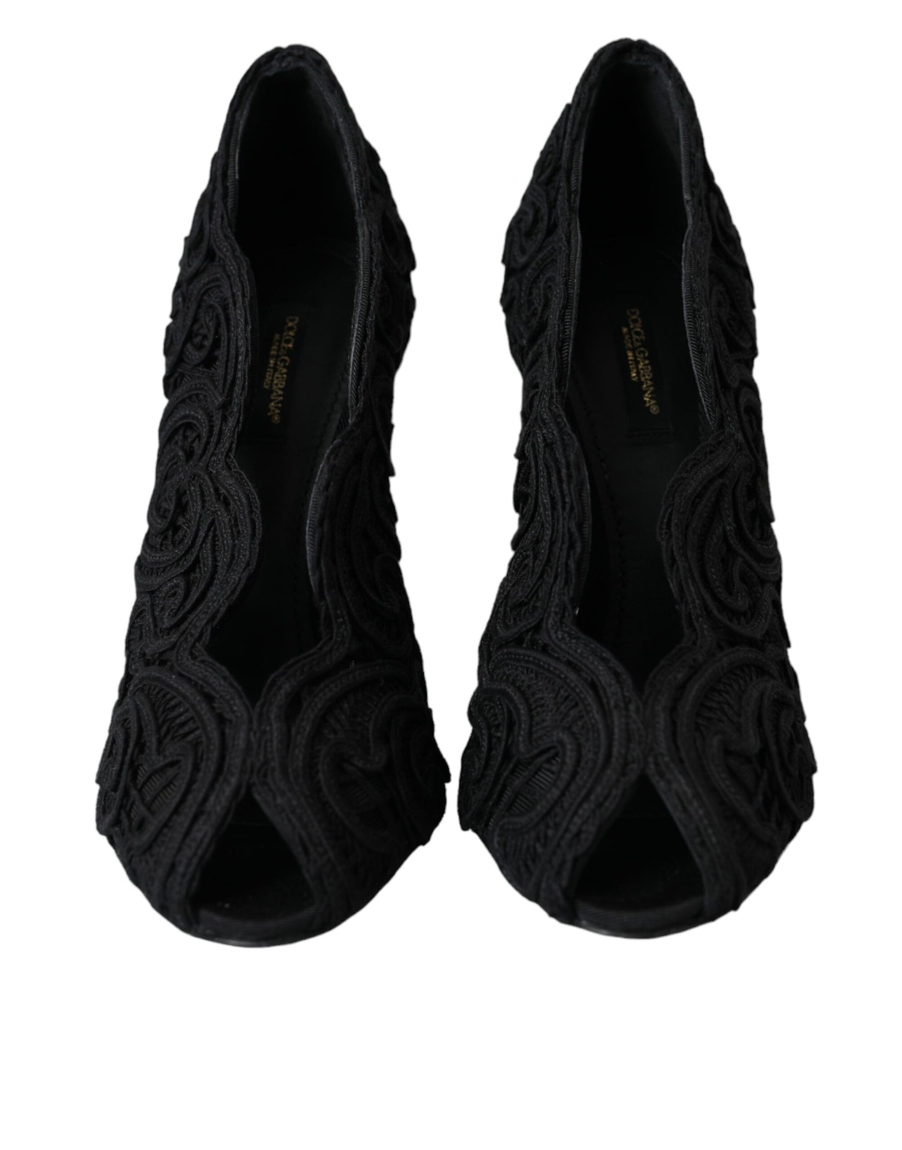 Dolce & Gabbana Black Cordonetto Ricamo Pump Open Toe Shoes | Regal Royce