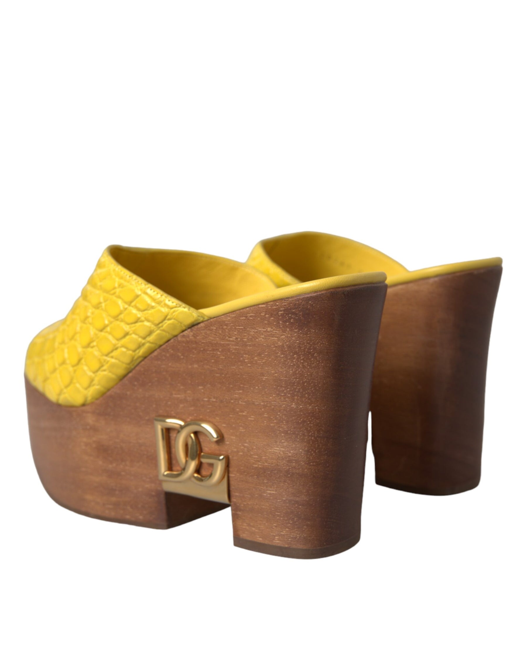 Dolce & Gabbana Yellow Leather Wood Mule Wedge Slides Shoes | Regal Royce