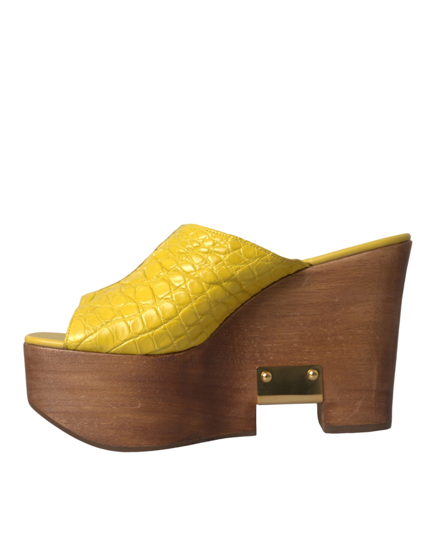 Dolce & Gabbana Yellow Leather Wood Mule Wedge Slides Shoes | Regal Royce