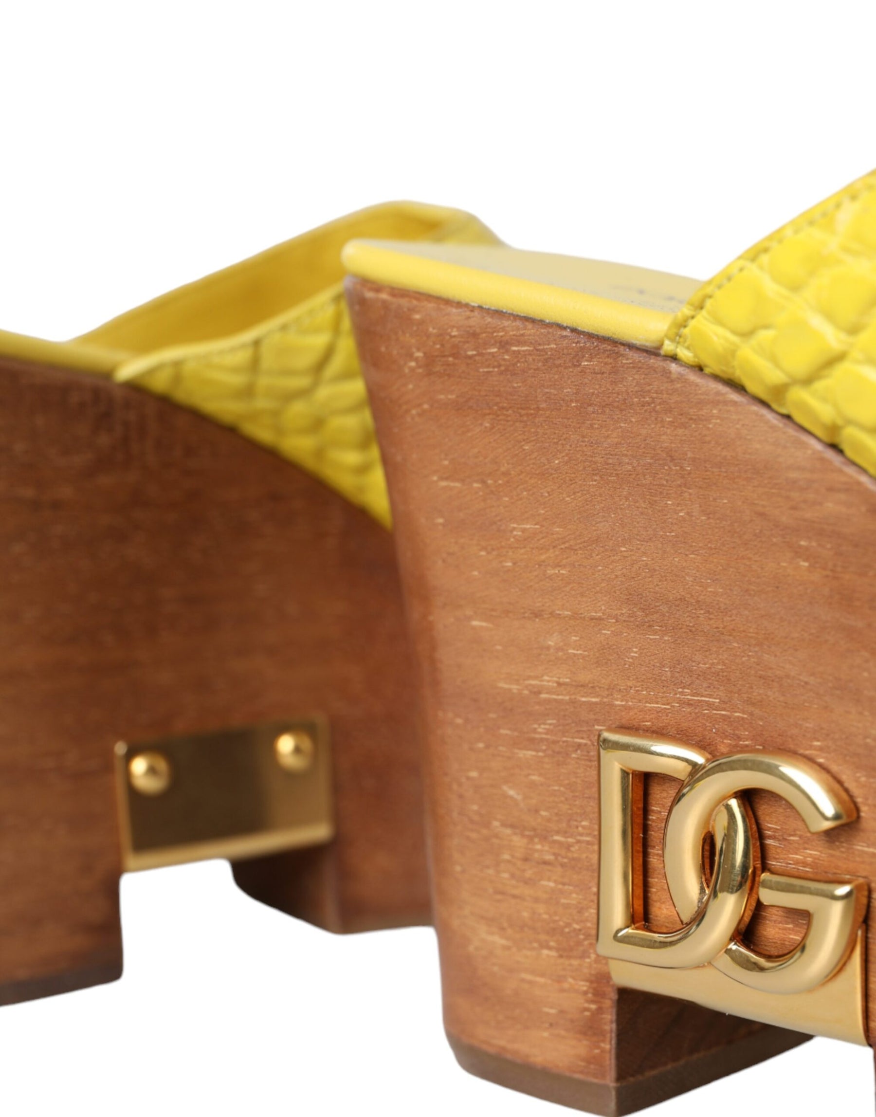 Dolce & Gabbana Yellow Leather Wood Mule Wedge Slides Shoes | Regal Royce