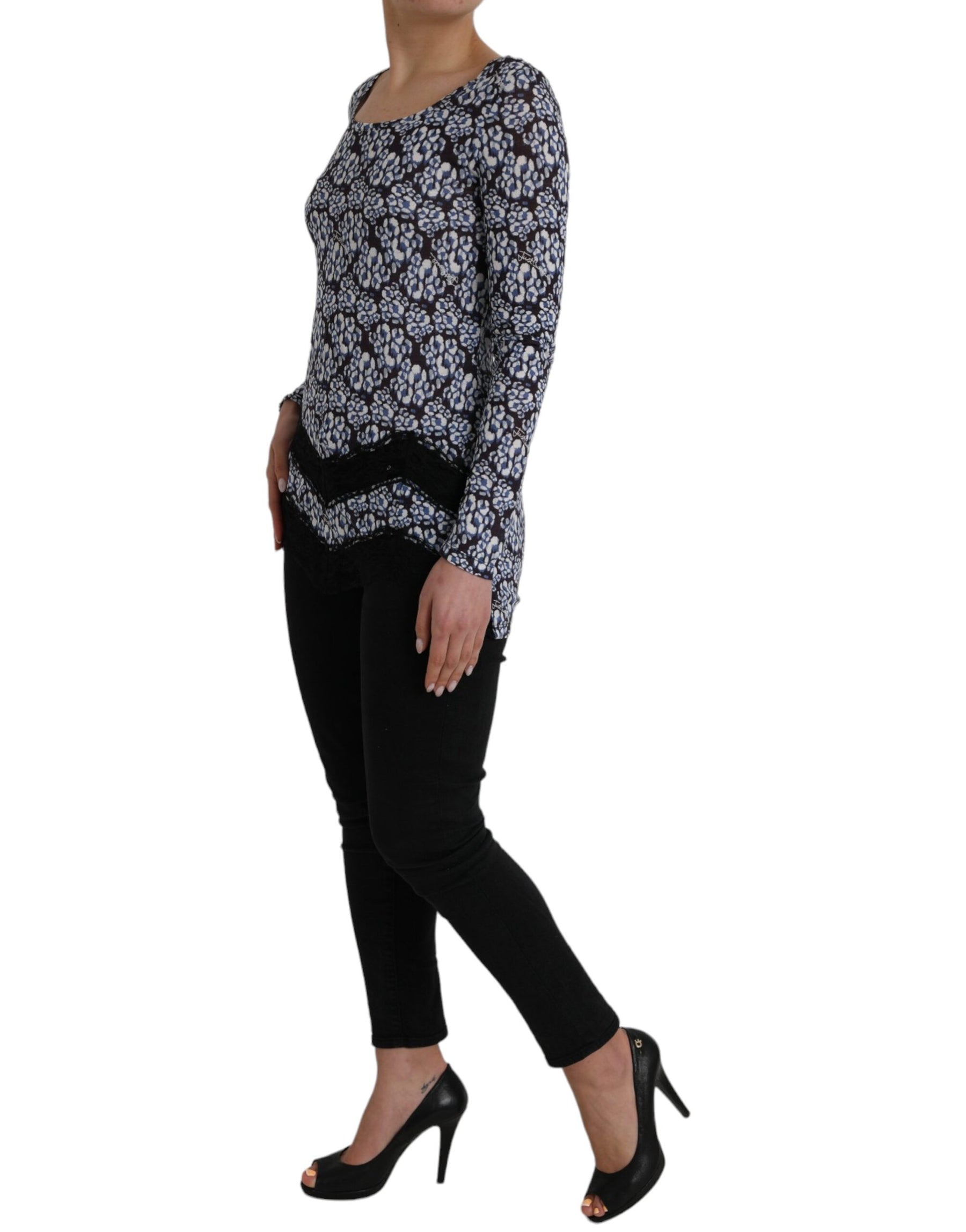 Just Cavalli Blue Floral Lace Long Sleeves Top Underwear Blouse | Regal Royce