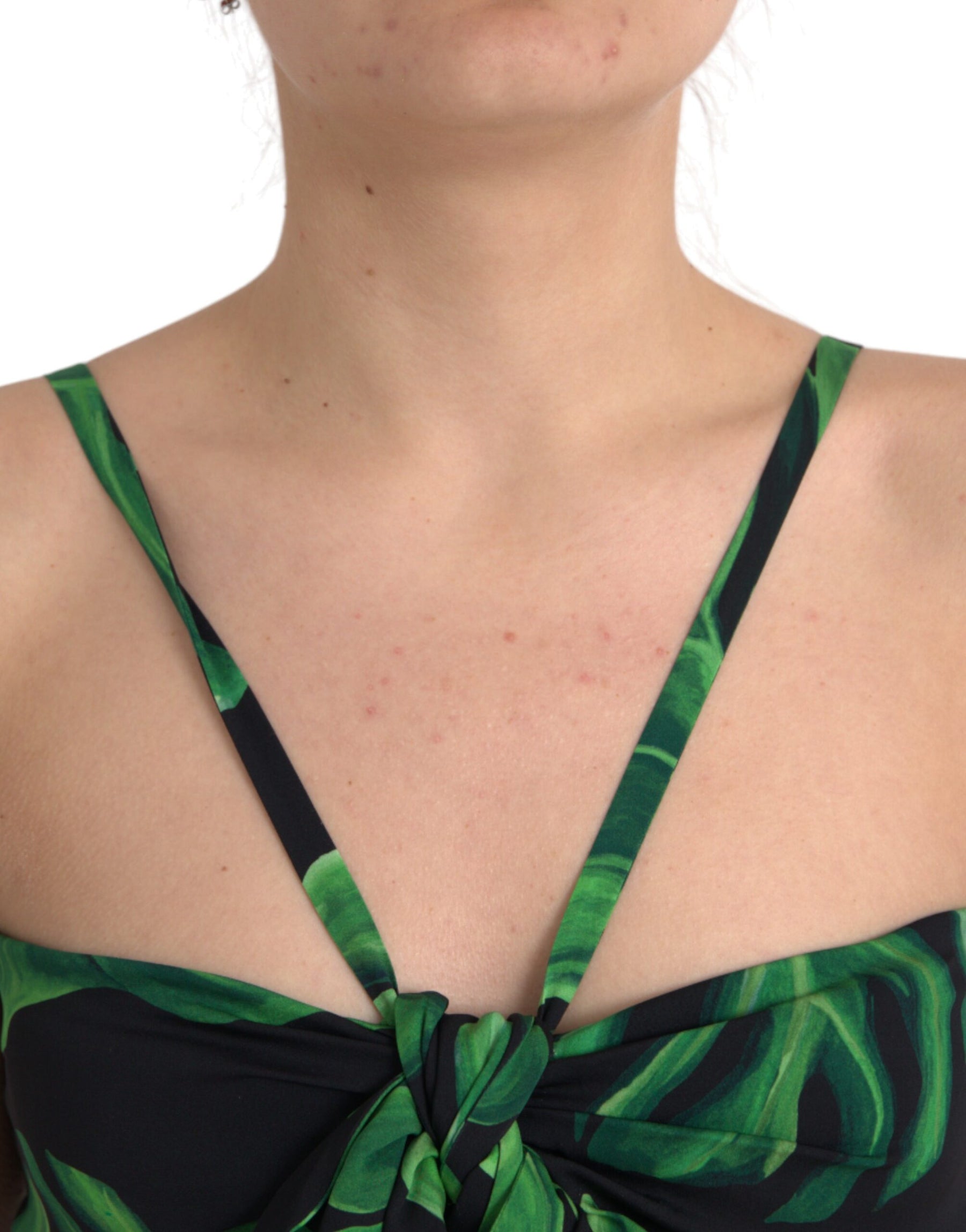 Dolce & Gabbana Black Green Leaf Silk Halter Cropped Top | Regal Royce