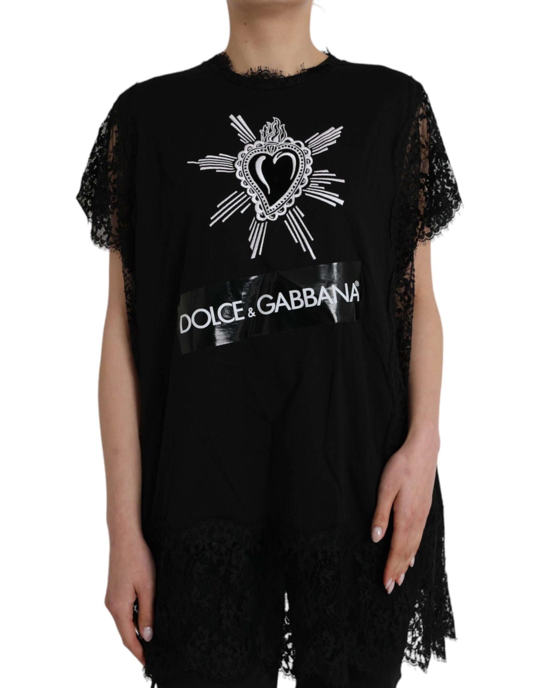 Dolce & Gabbana Black Sacred Heart Print Cotton Lace T-shirt | Regal Royce