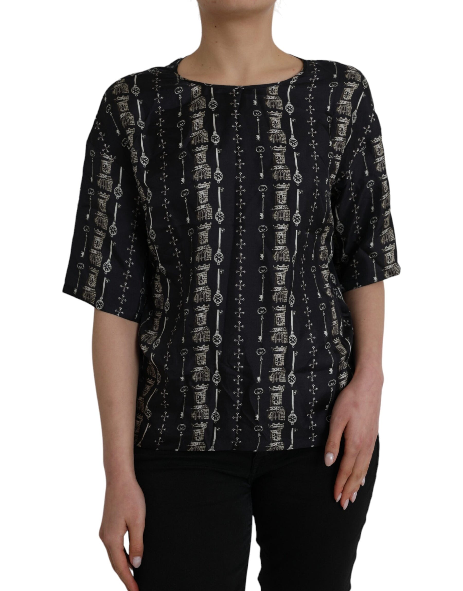 Dolce & Gabbana Black Key Castle Print Silk Blouse T-shirt | Regal Royce