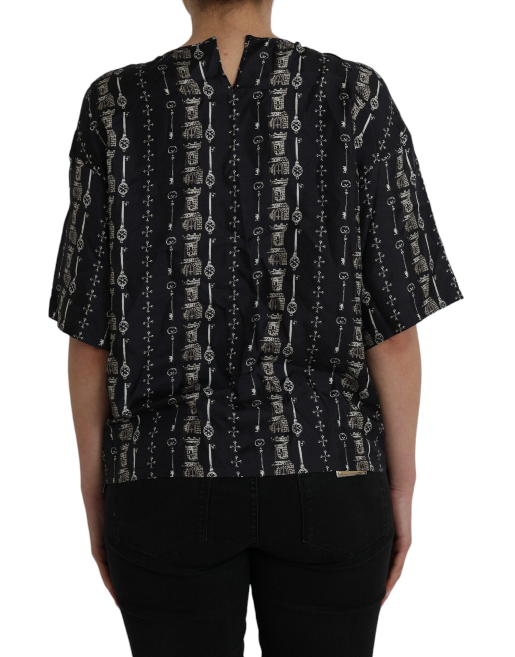 Dolce & Gabbana Black Key Castle Print Silk Blouse T-shirt | Regal Royce