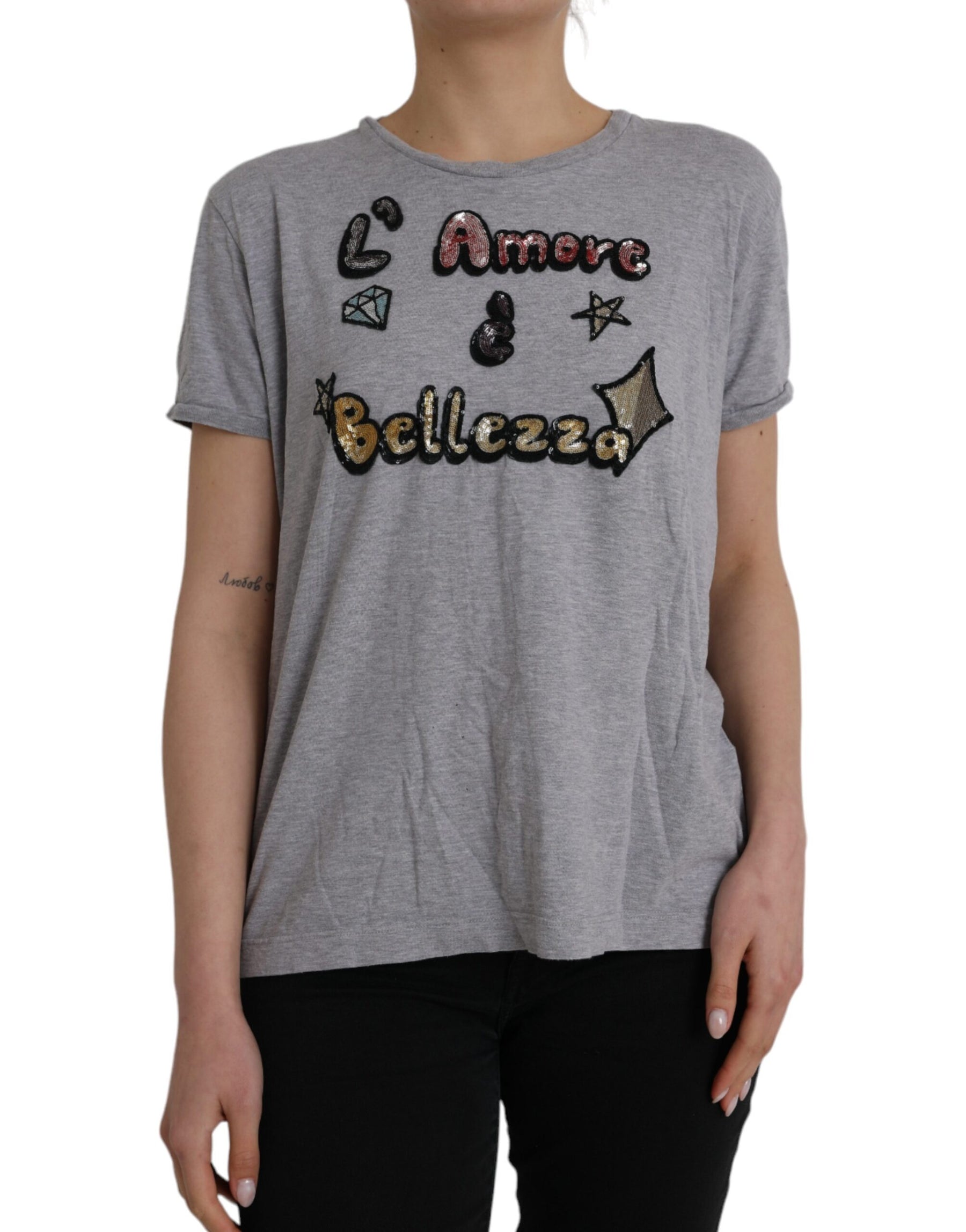 Dolce & Gabbana Gray Cotton L'Amore E'Bellezza Top T-shirt | Regal Royce